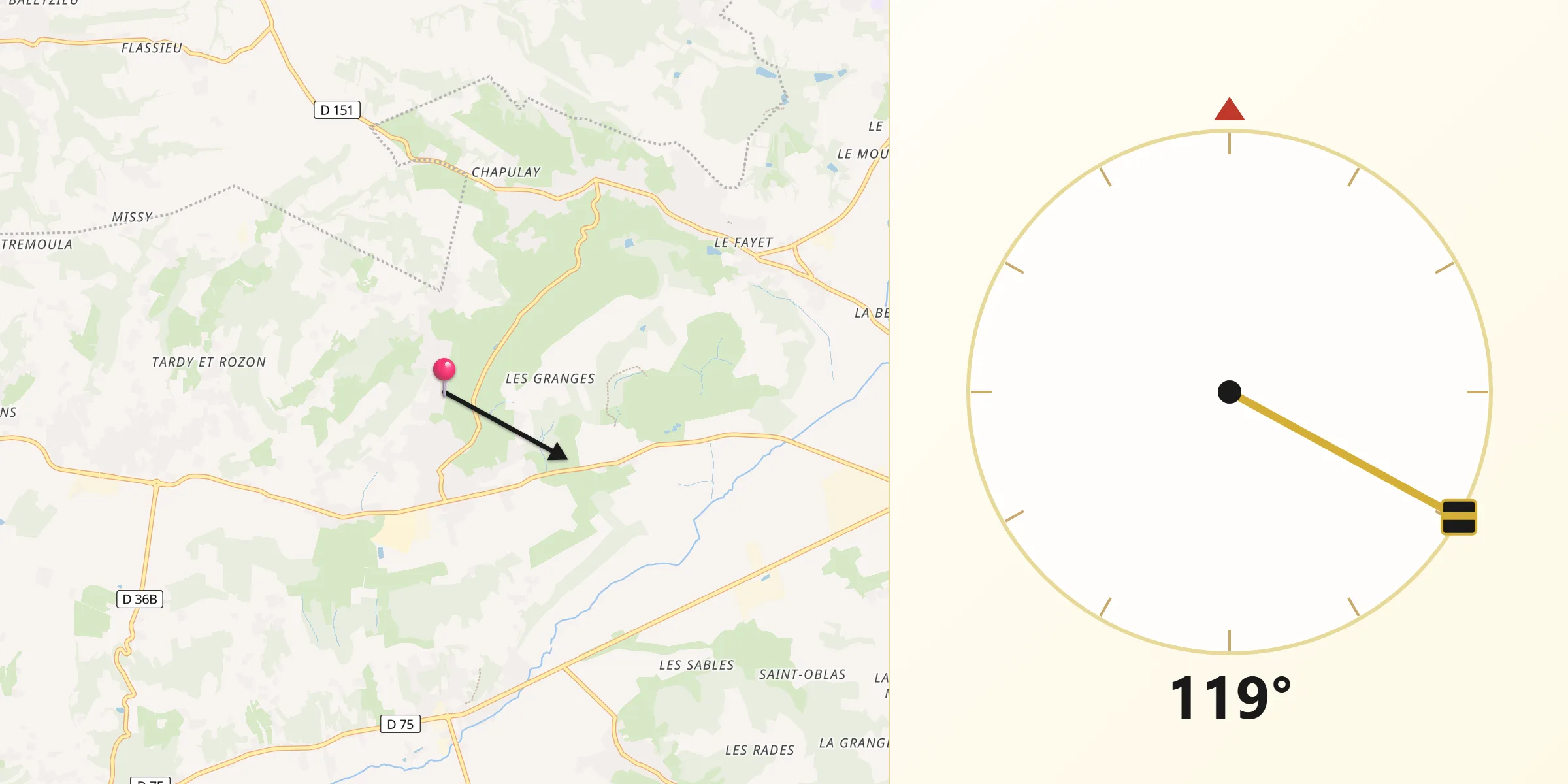 Direction vers la Qibla depuis Saint-Just-Chaleyssin