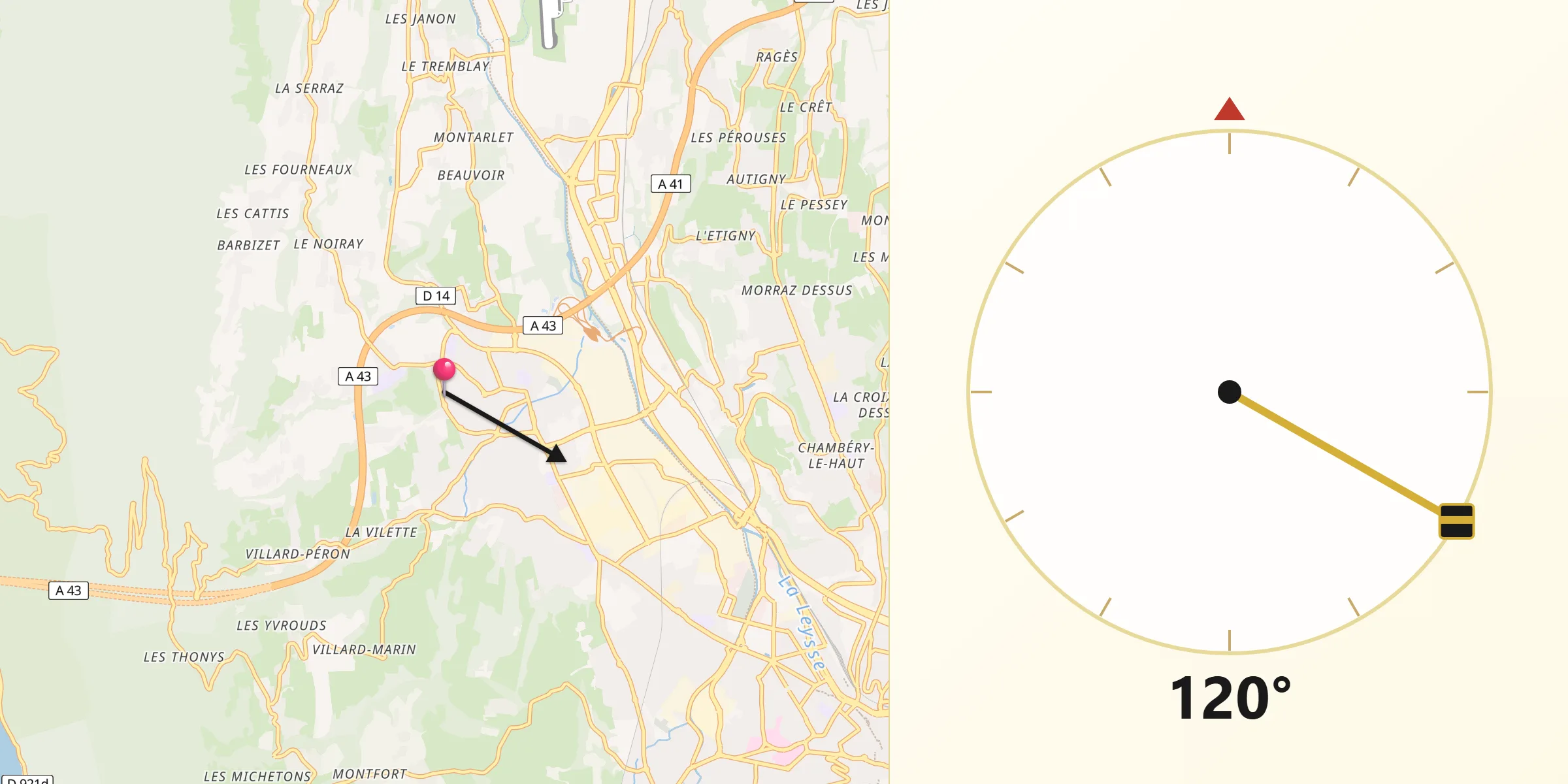 Direction vers la Qibla depuis La Motte-Servolex