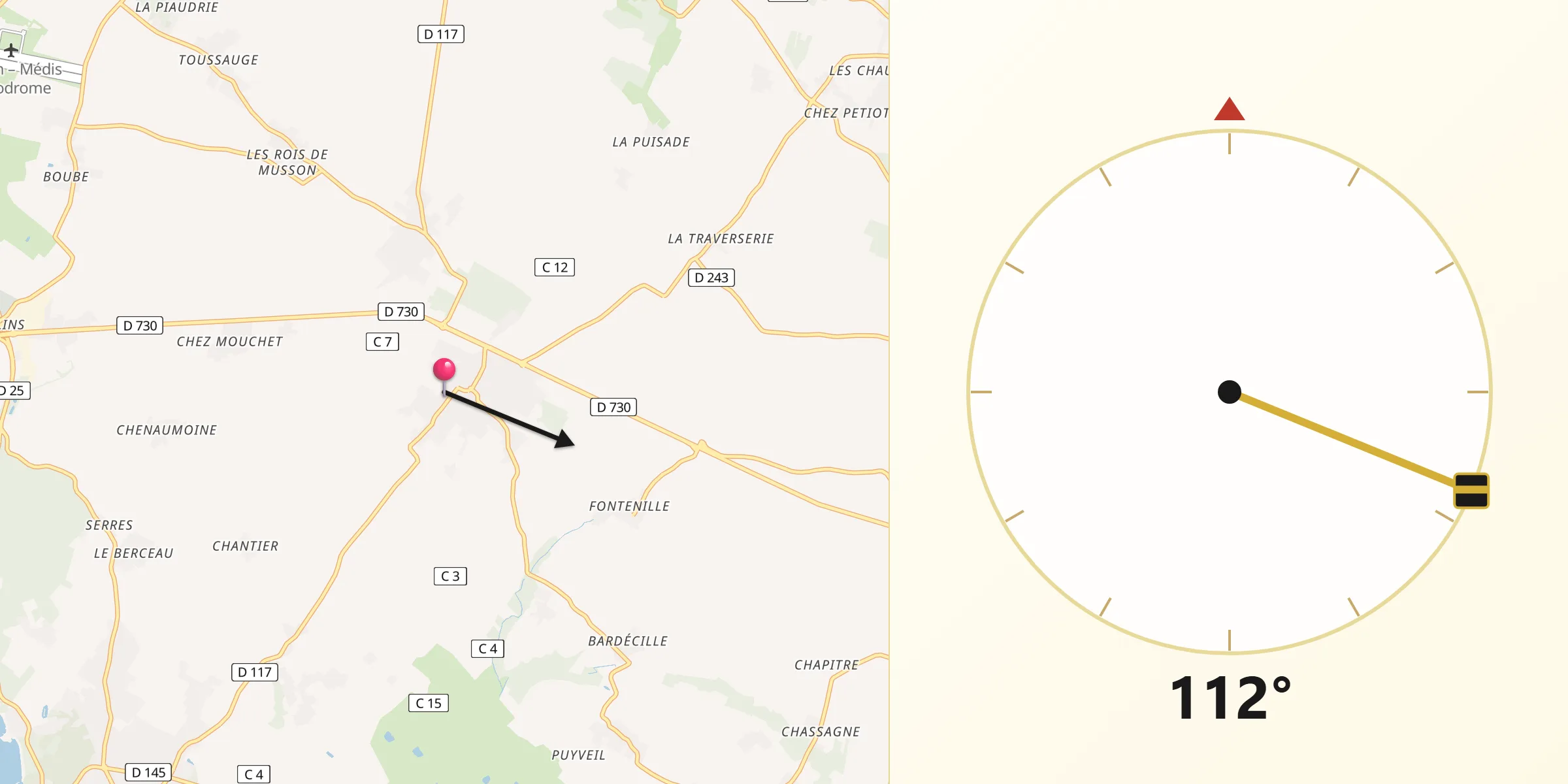 Direction vers la Qibla depuis Semussac