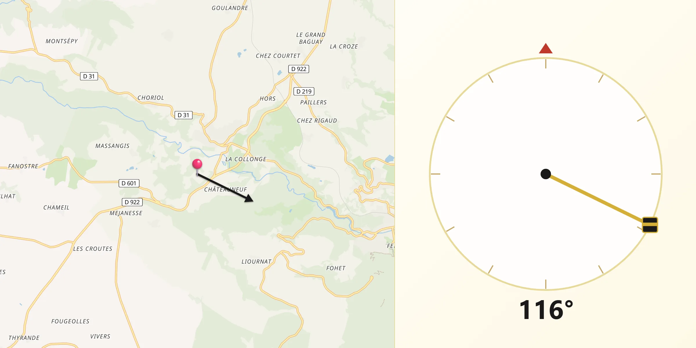 Direction vers la Qibla depuis Saint-Sauves-d'Auvergne
