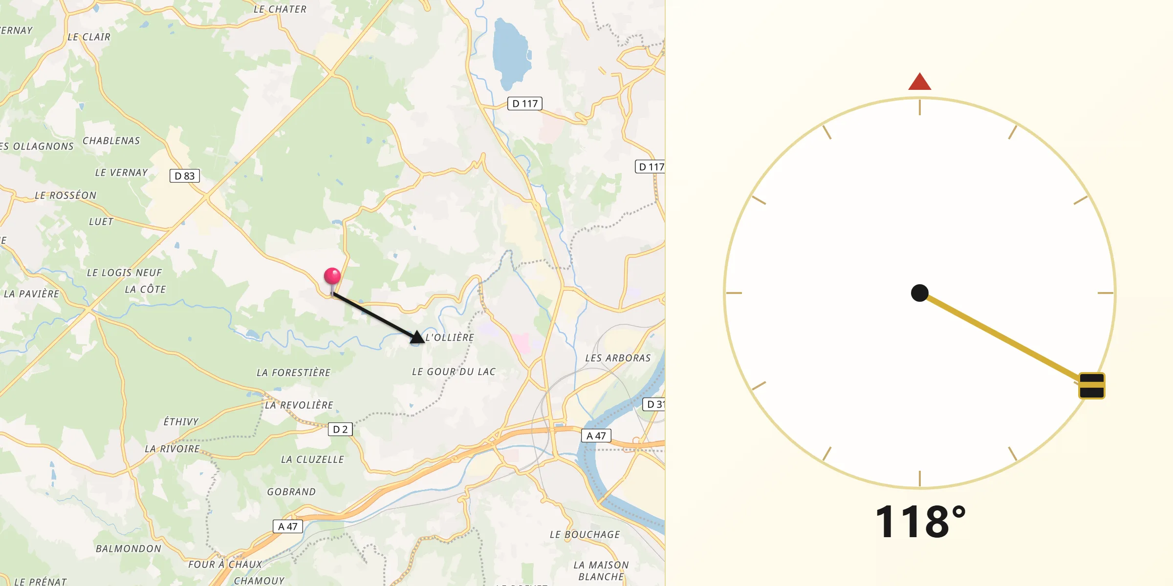 Direction vers la Qibla depuis Chassagny