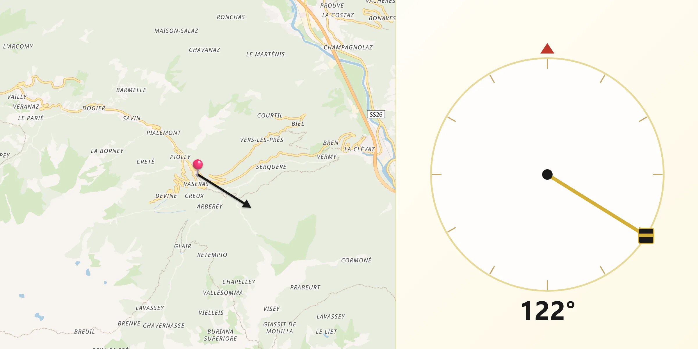 Direzione della Qibla da Pont-Bozet