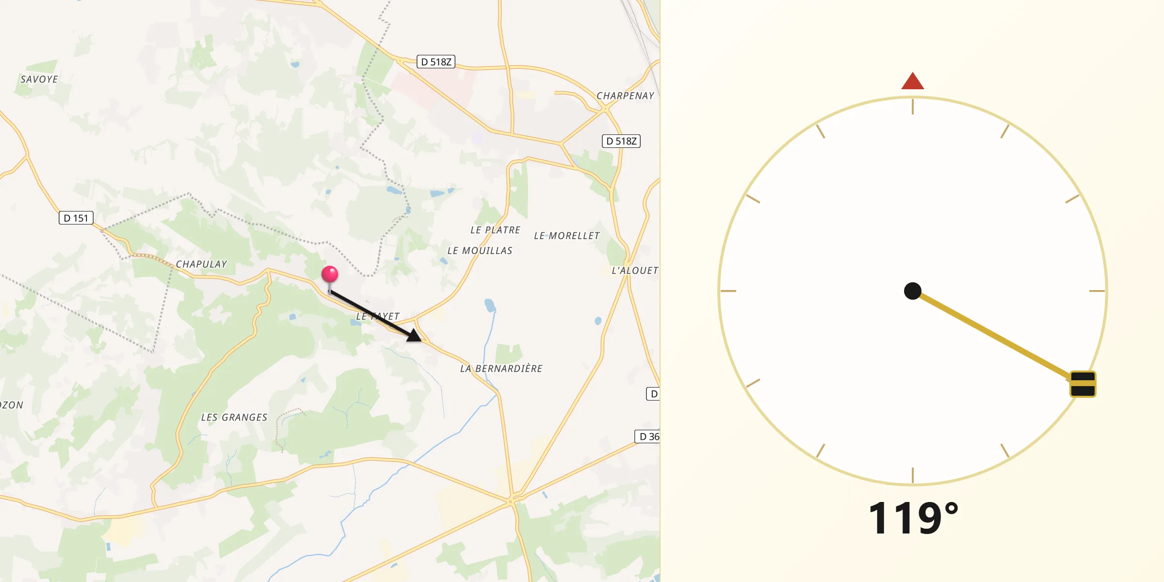 Direction vers la Qibla depuis Valencin