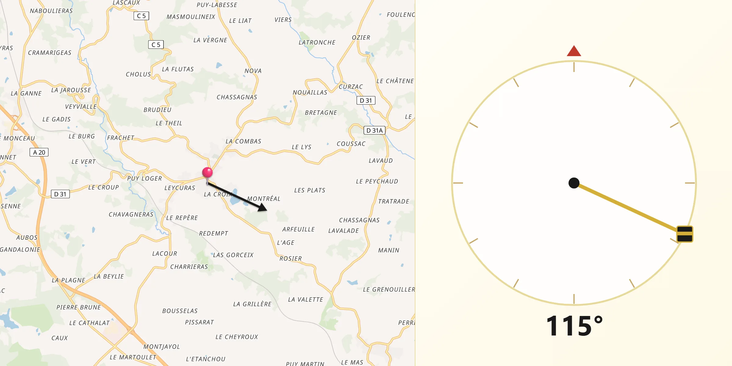 Direction vers la Qibla depuis Saint-Germain-les-Belles