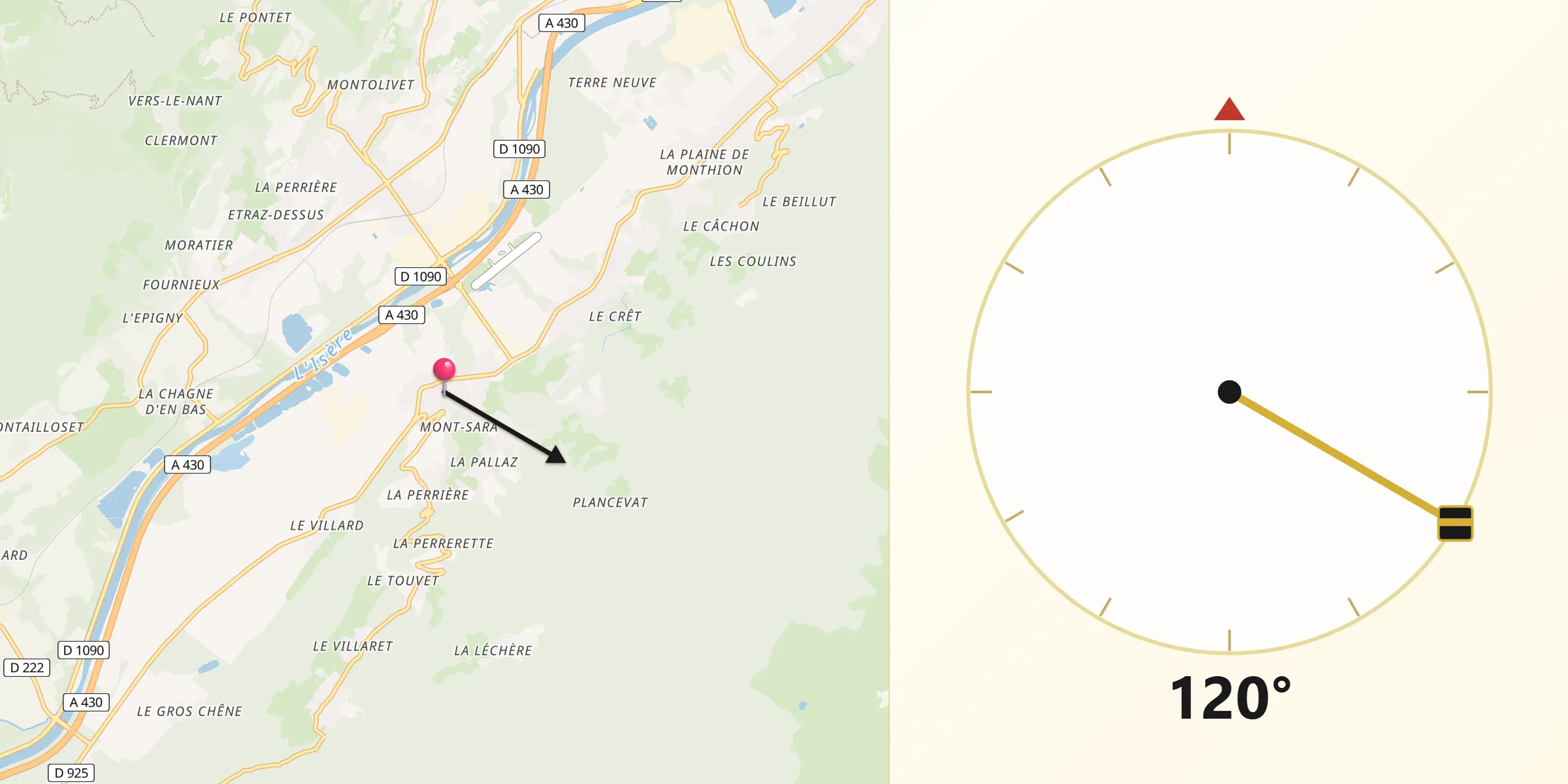 Direction vers la Qibla depuis Sainte-Hélène-sur-Isère