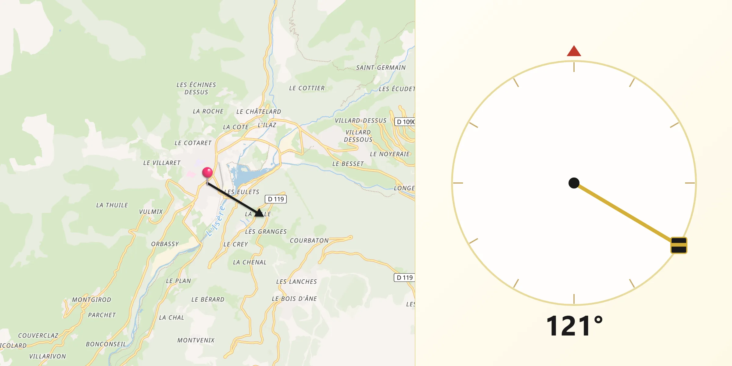 Direction vers la Qibla depuis Bourg-Saint-Maurice
