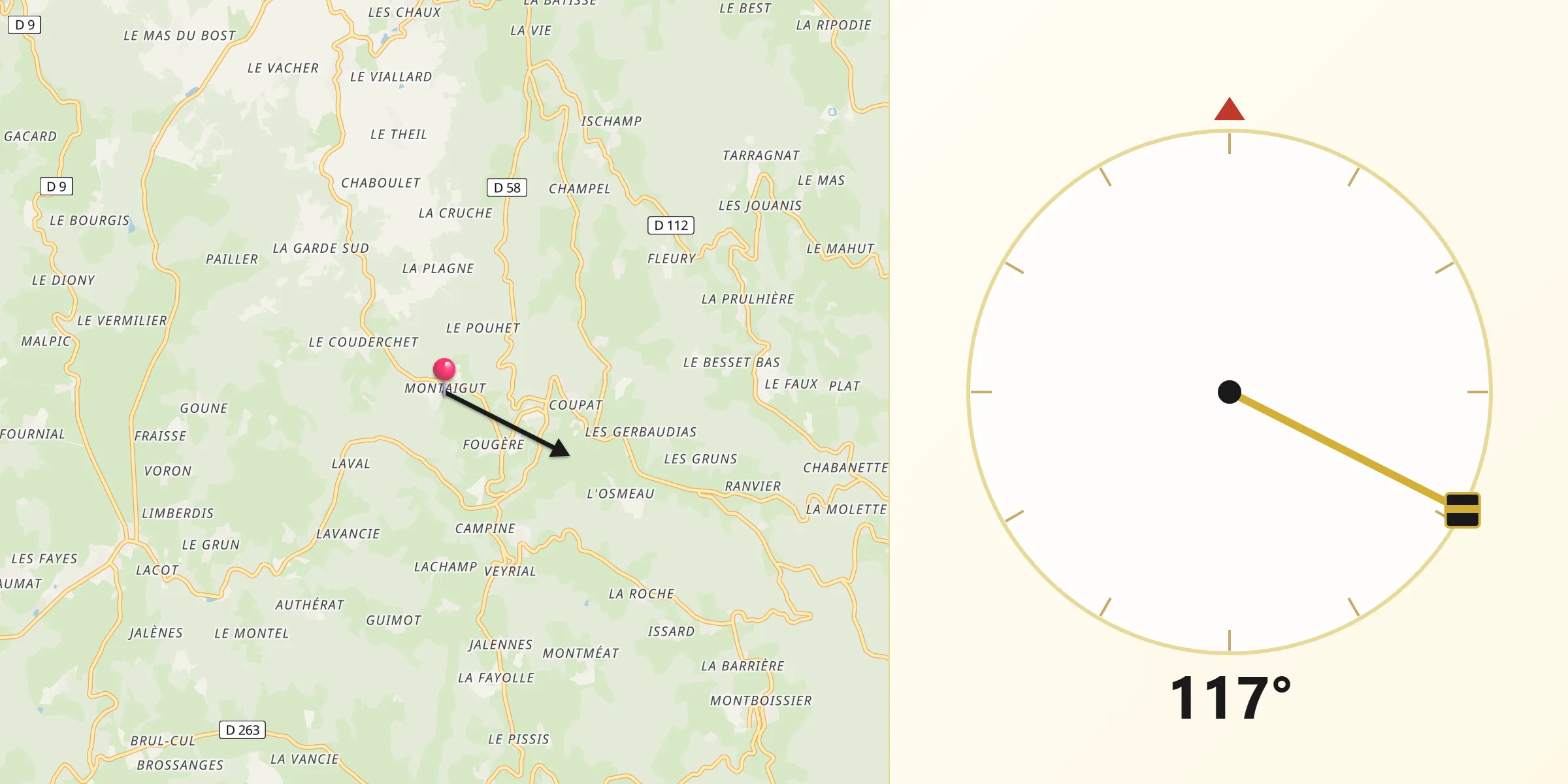 Direction vers la Qibla depuis Montaigut