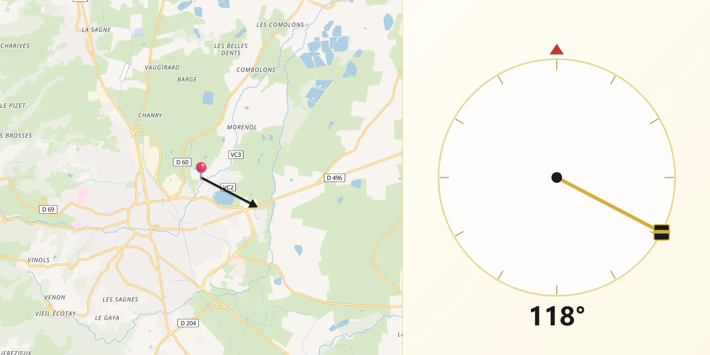 Direction vers la Qibla depuis Savigneux