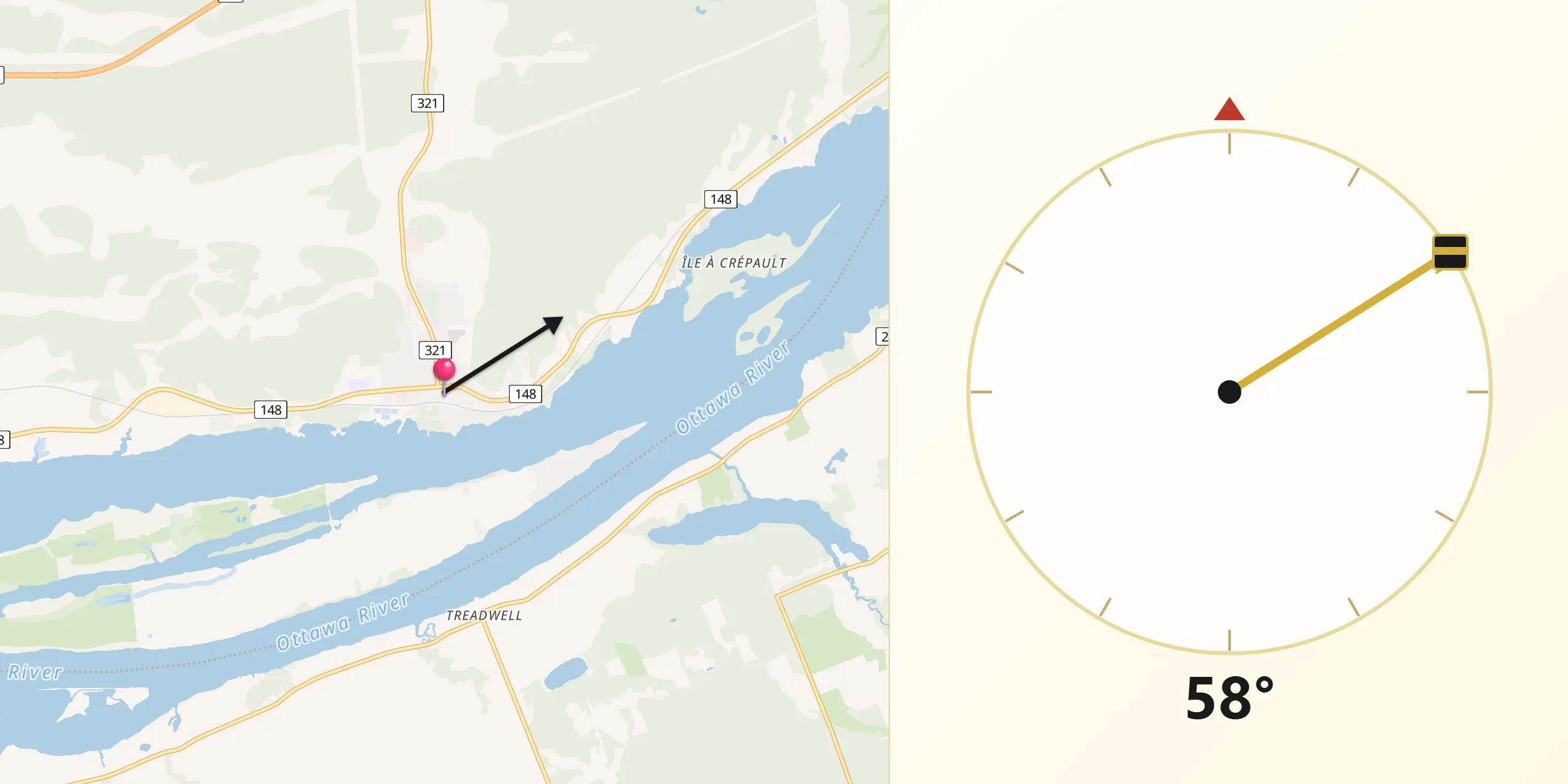 Qibla Direction from Papineauville