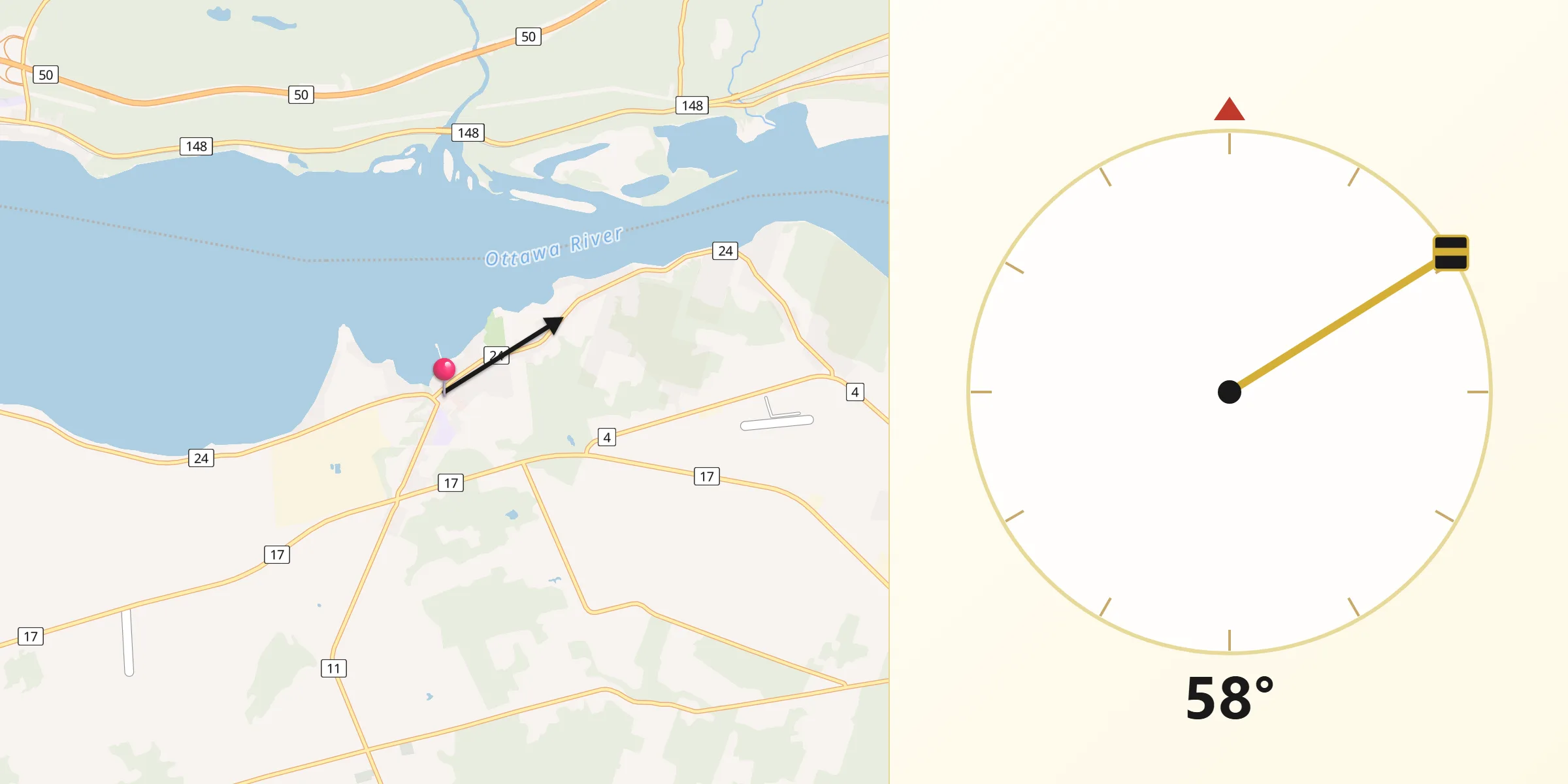 Qibla Direction from L'Orignal