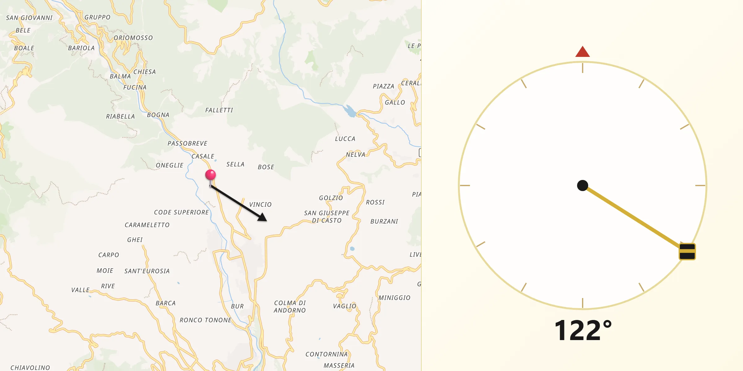 Direzione della Qibla da Sagliano Micca