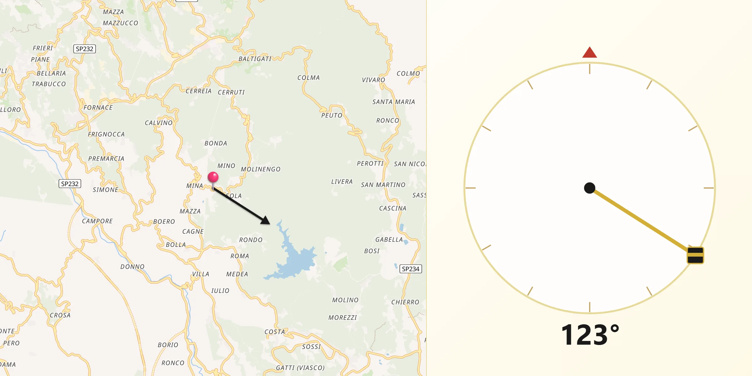 Direzione della Qibla da Mezzana Mortigliengo