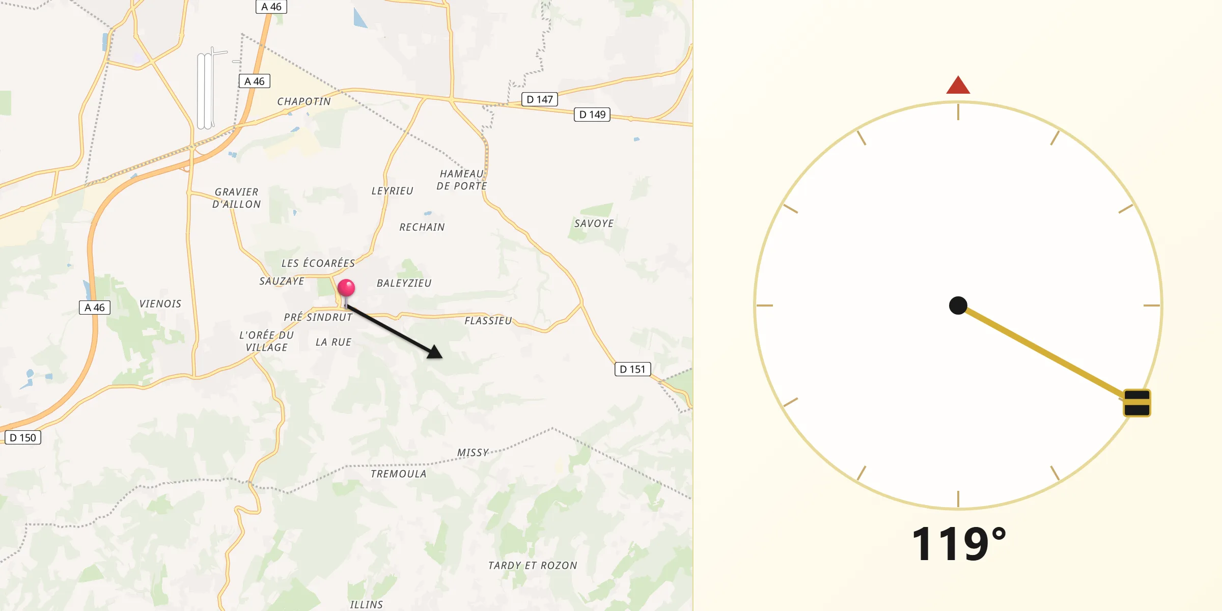 Direction vers la Qibla depuis Chaponnay