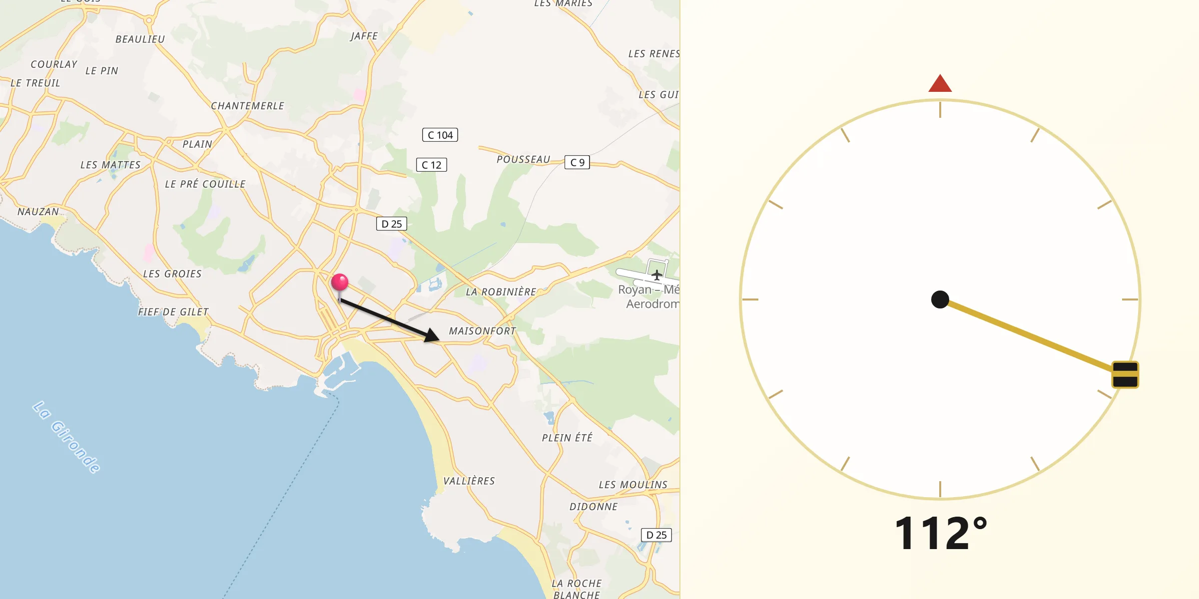 Direction vers la Qibla depuis Royan