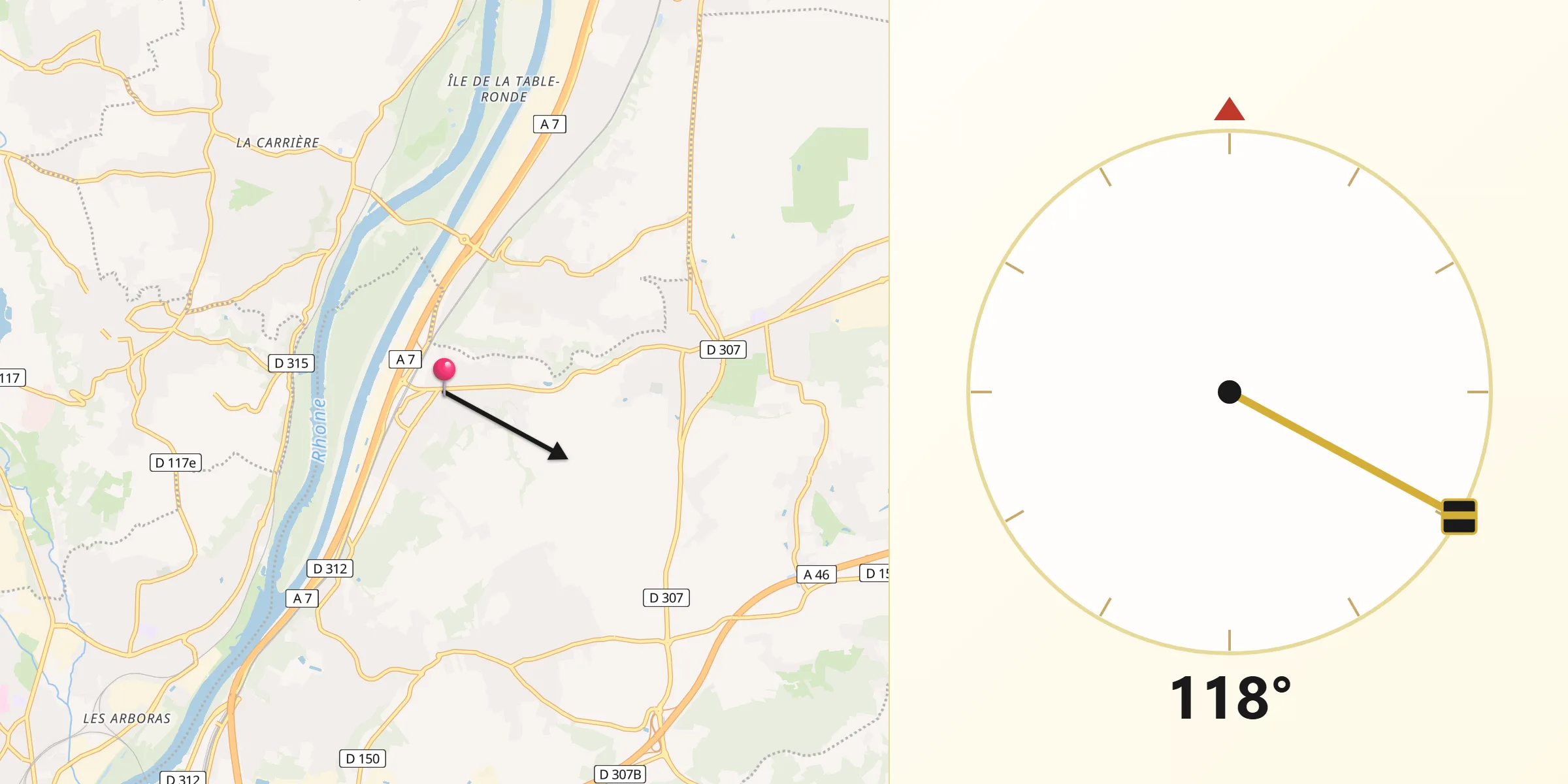 Direction vers la Qibla depuis Sérézin-du-Rhône