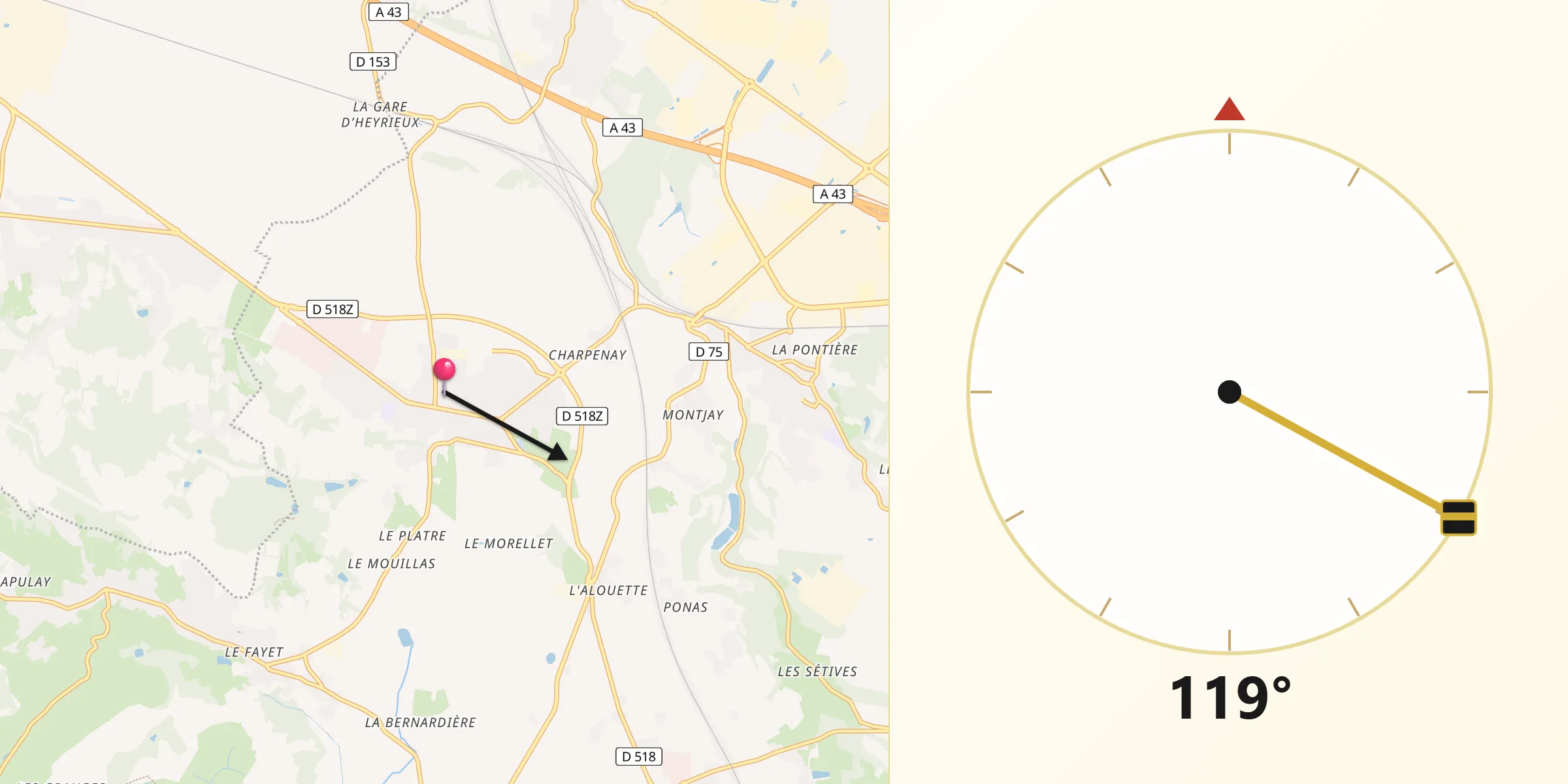 Direction vers la Qibla depuis Heyrieux