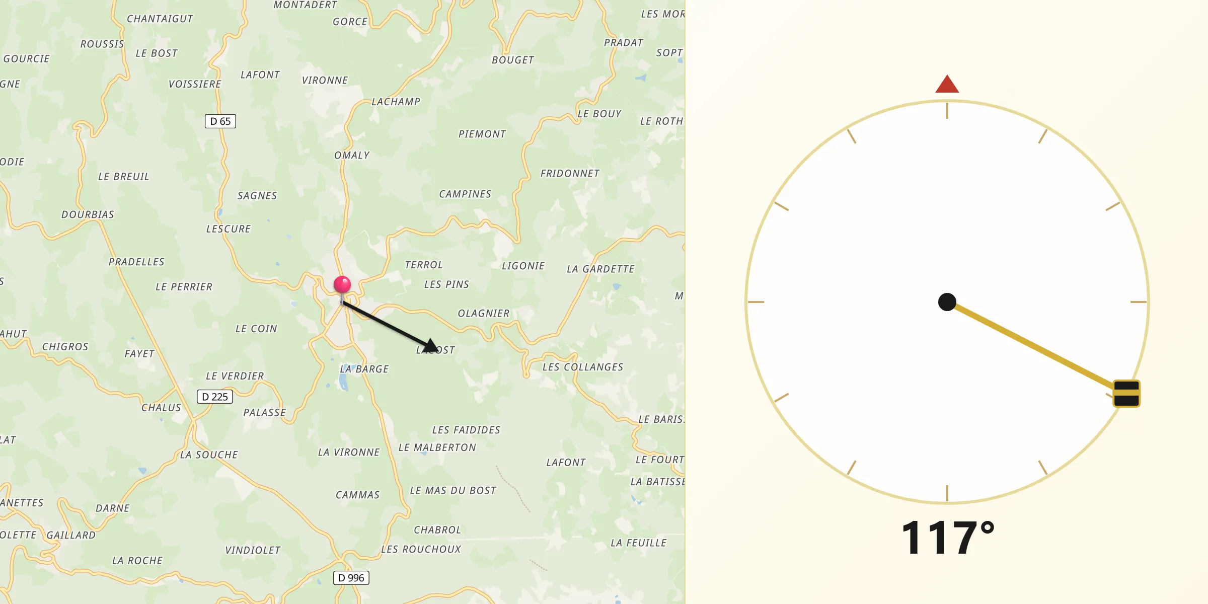 Direction vers la Qibla depuis Cunlhat