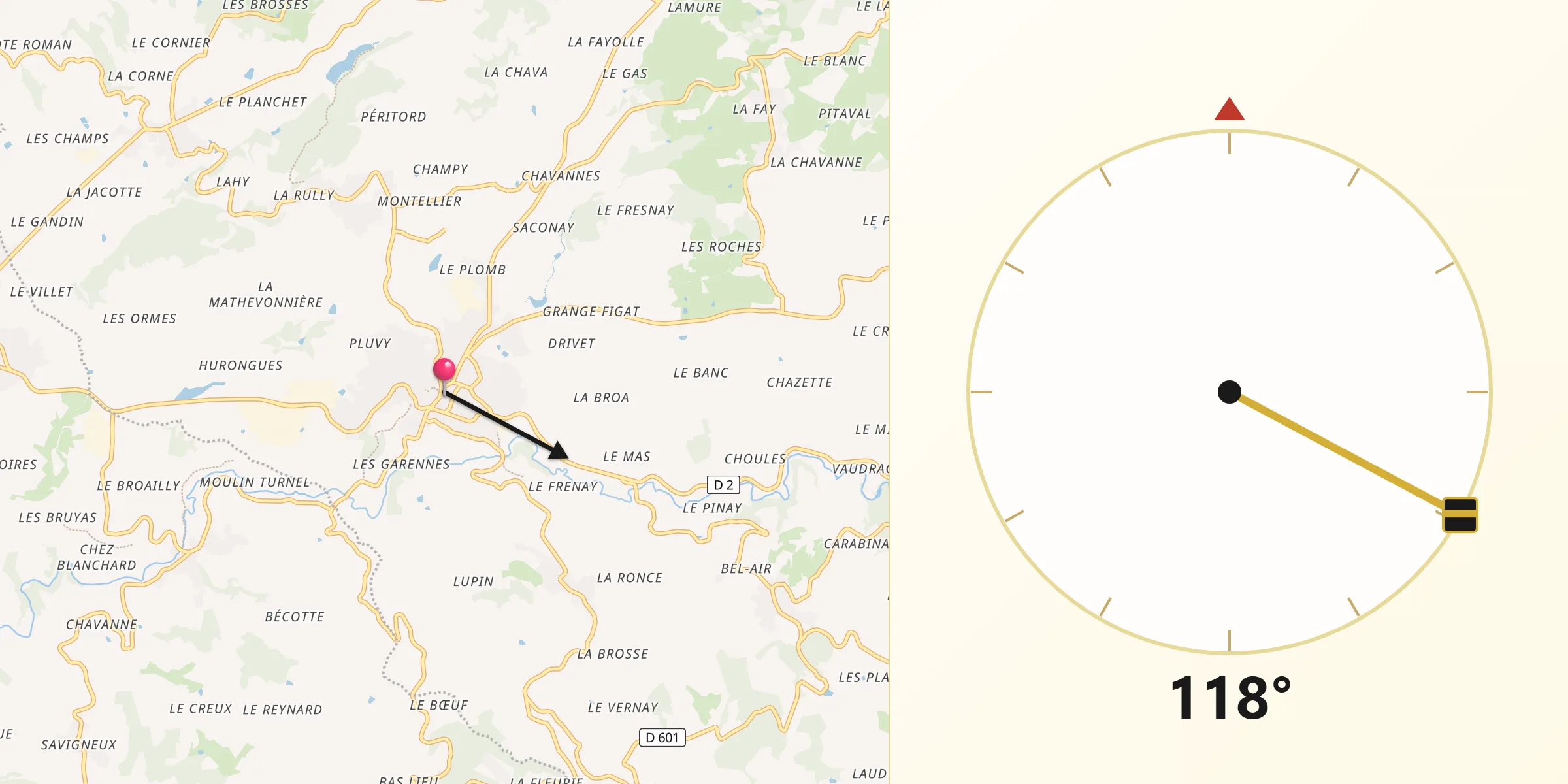 Direction vers la Qibla depuis Saint-Symphorien-sur-Coise