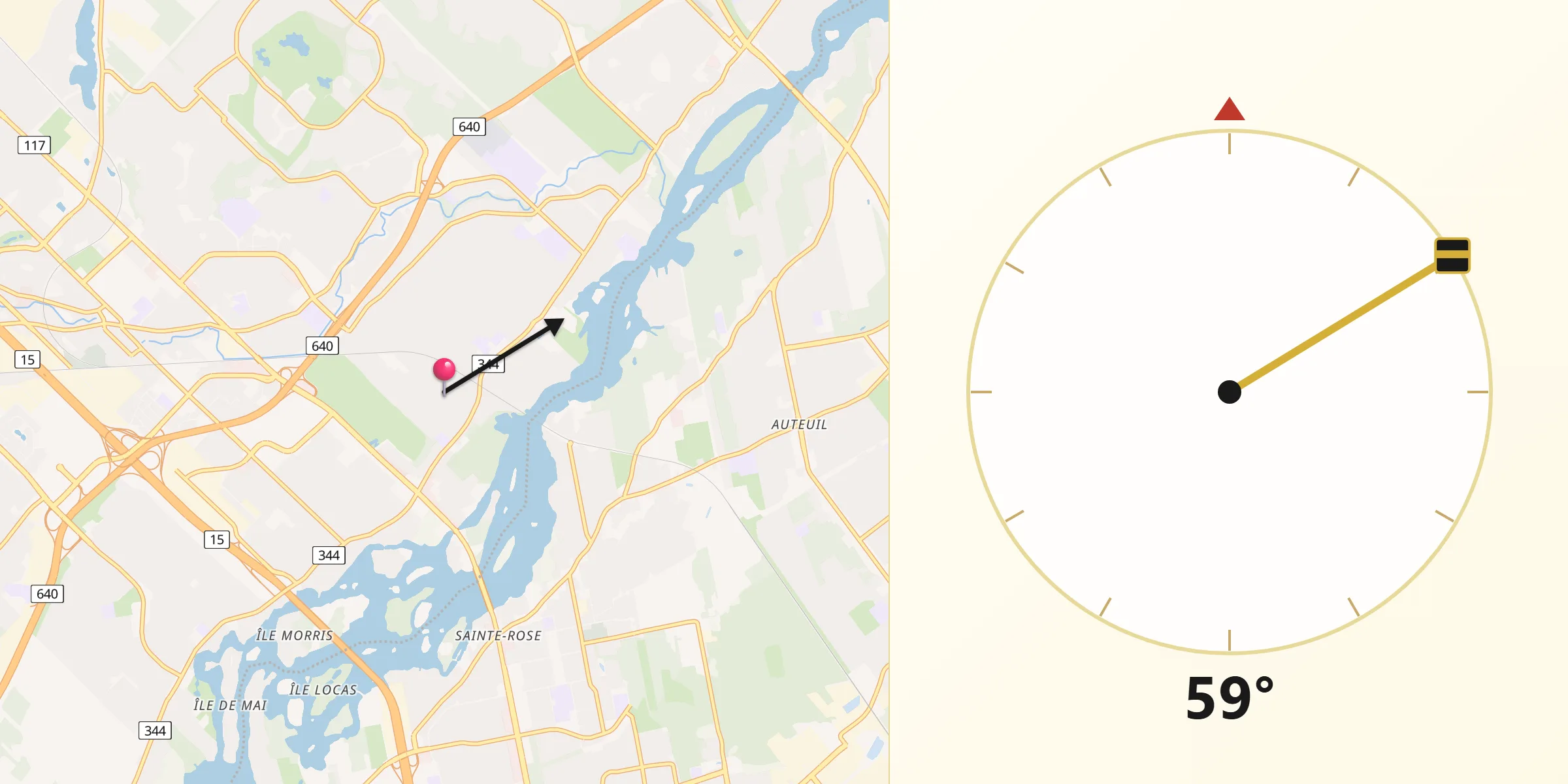 Qibla Direction from Rosemère