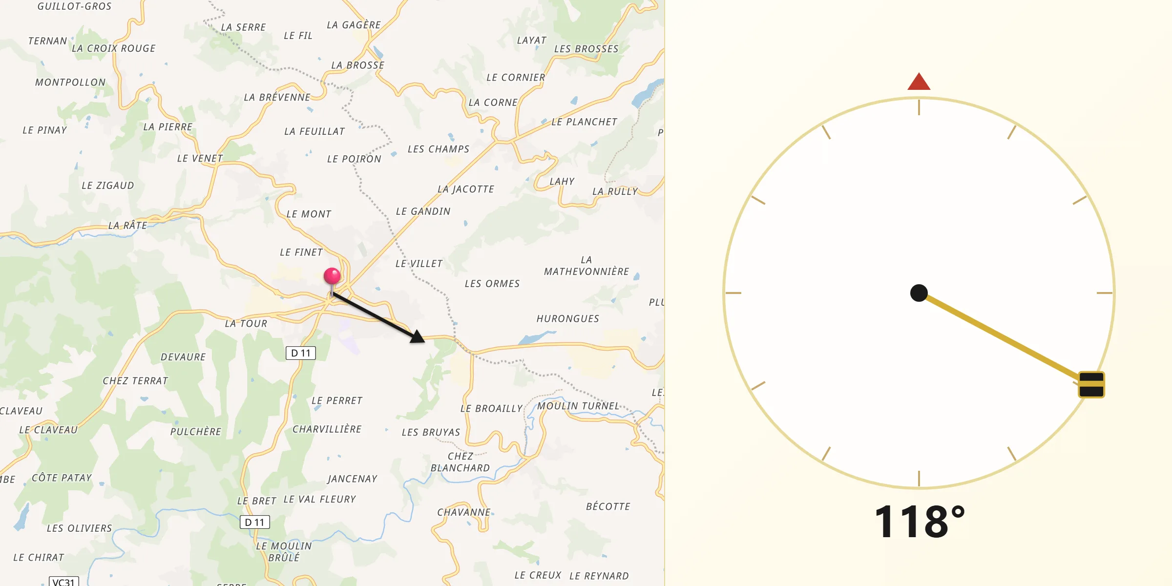 Direction vers la Qibla depuis Chazelles-sur-Lyon