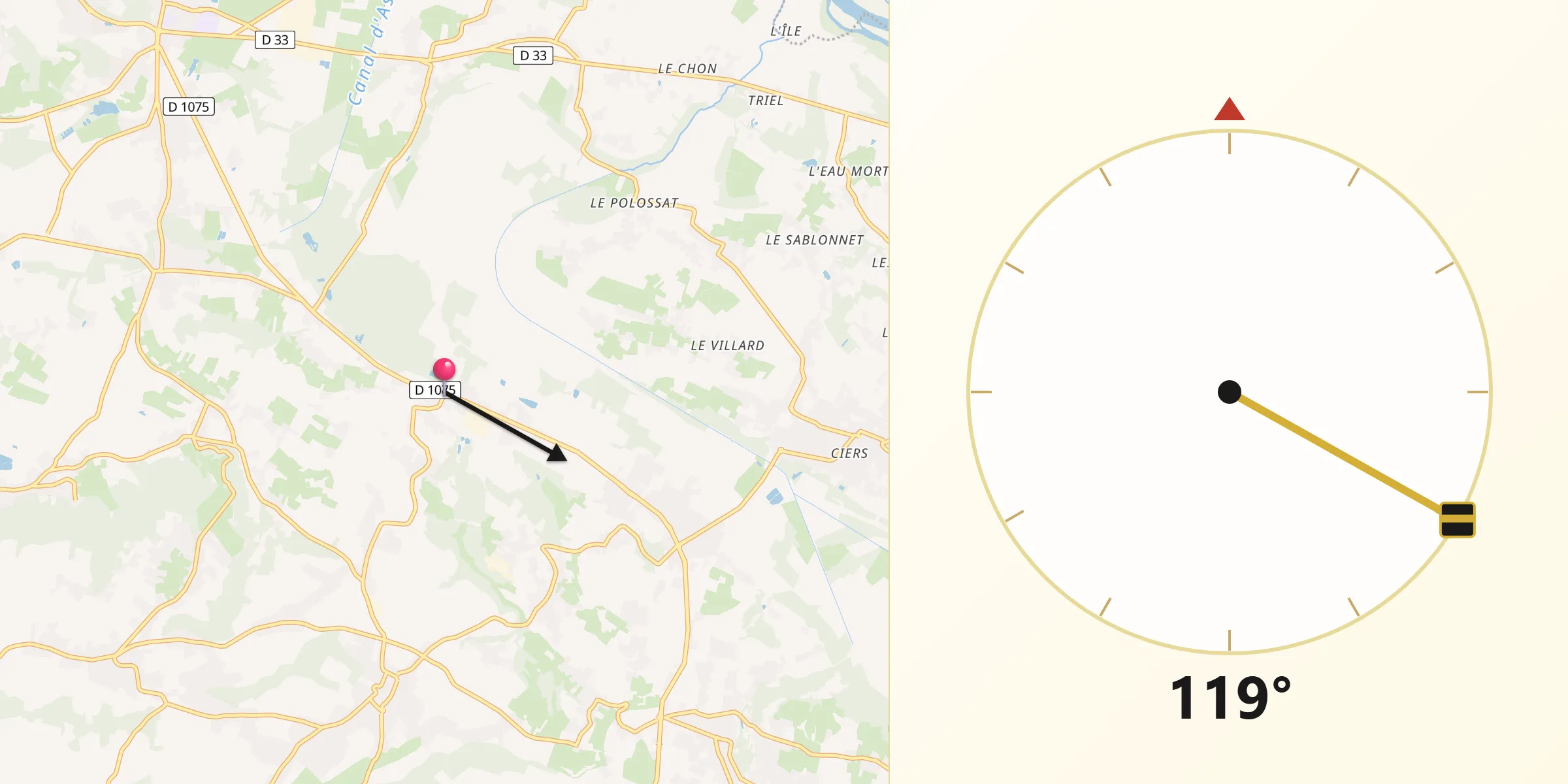 Direction vers la Qibla depuis Thuellin