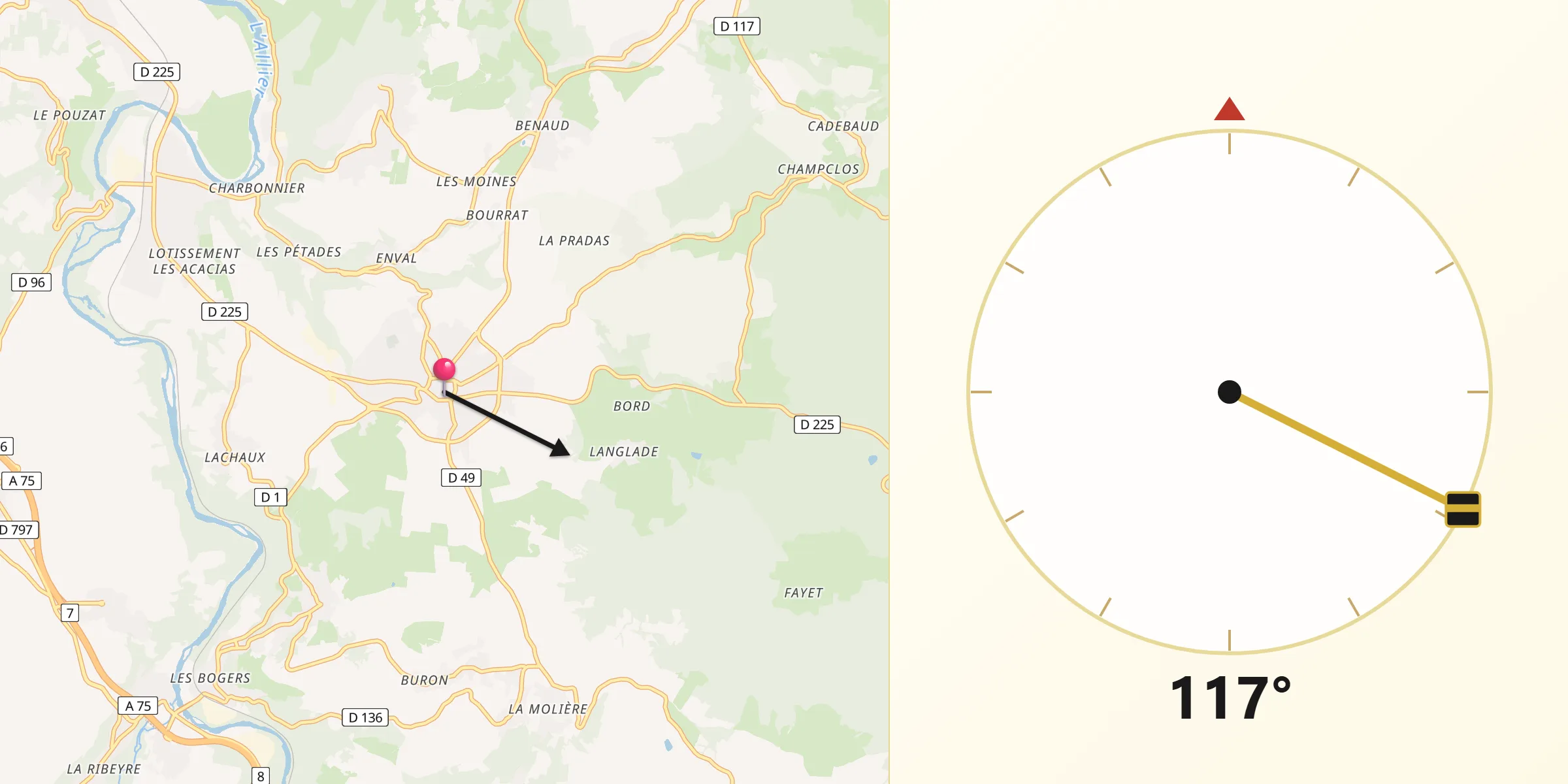 Direction vers la Qibla depuis Vic-le-Comte