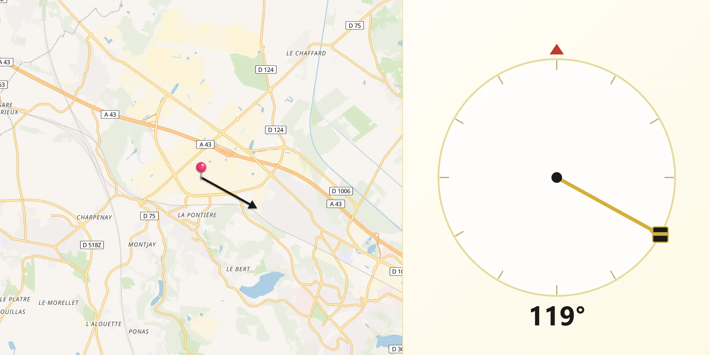 Direction vers la Qibla depuis Saint-Quentin-Fallavier