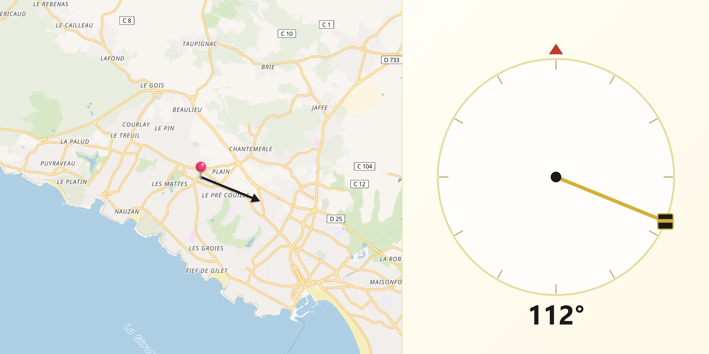 Direction vers la Qibla depuis Vaux-sur-Mer