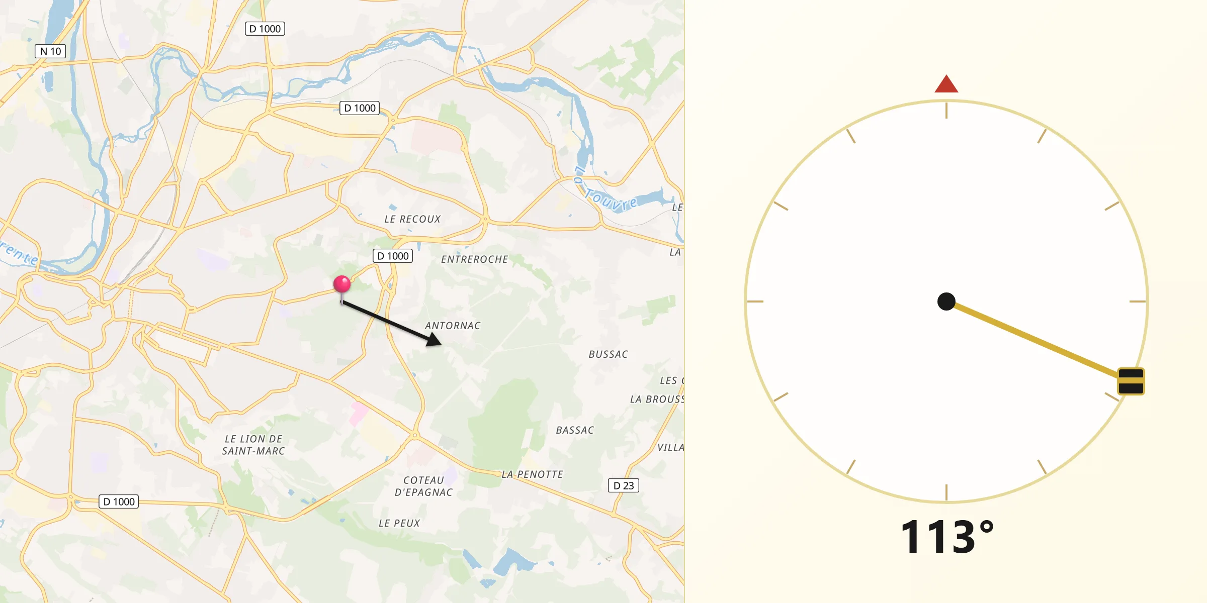 Direction vers la Qibla depuis Soyaux