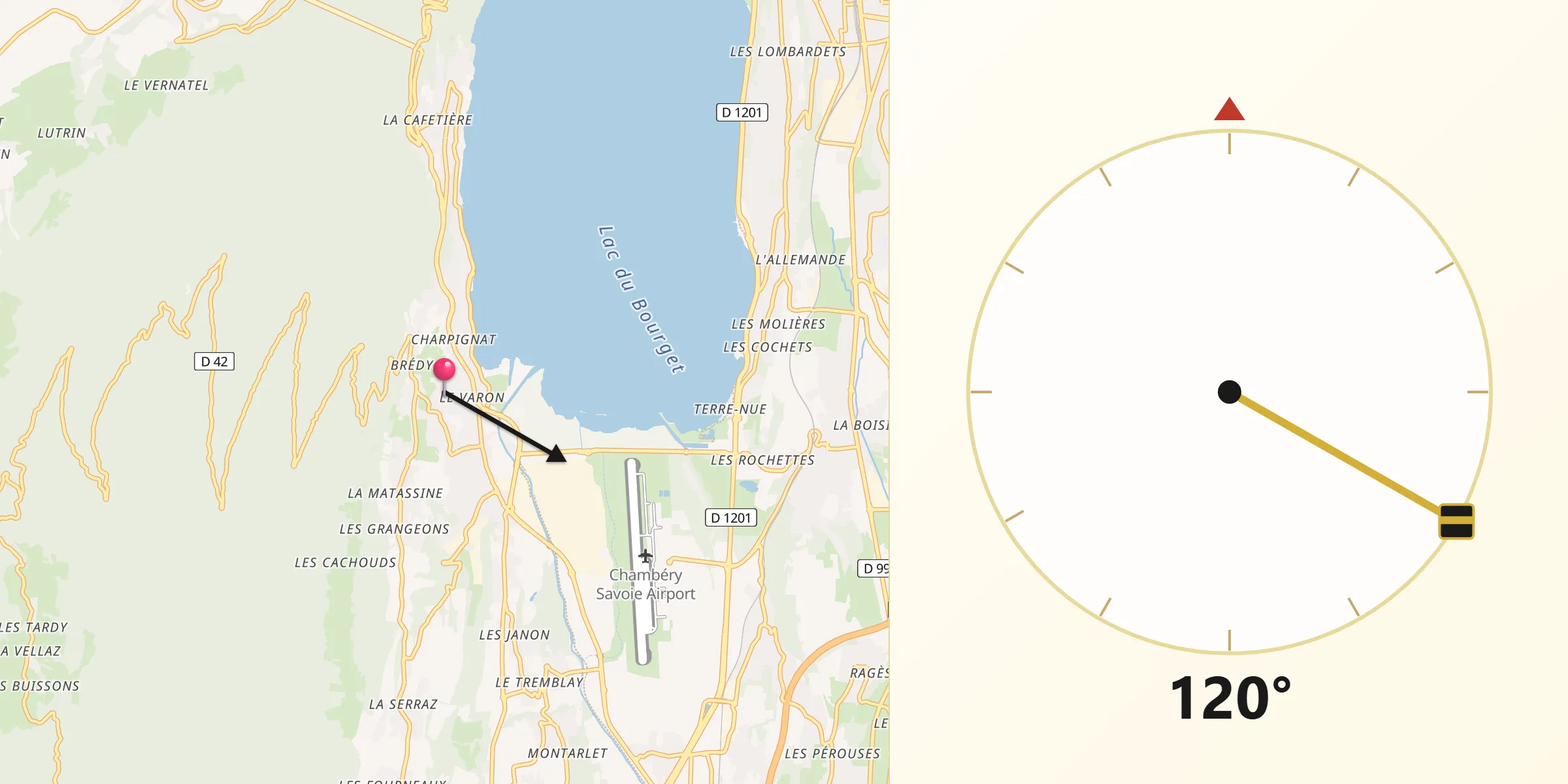 Direction vers la Qibla depuis Le Bourget-du-Lac