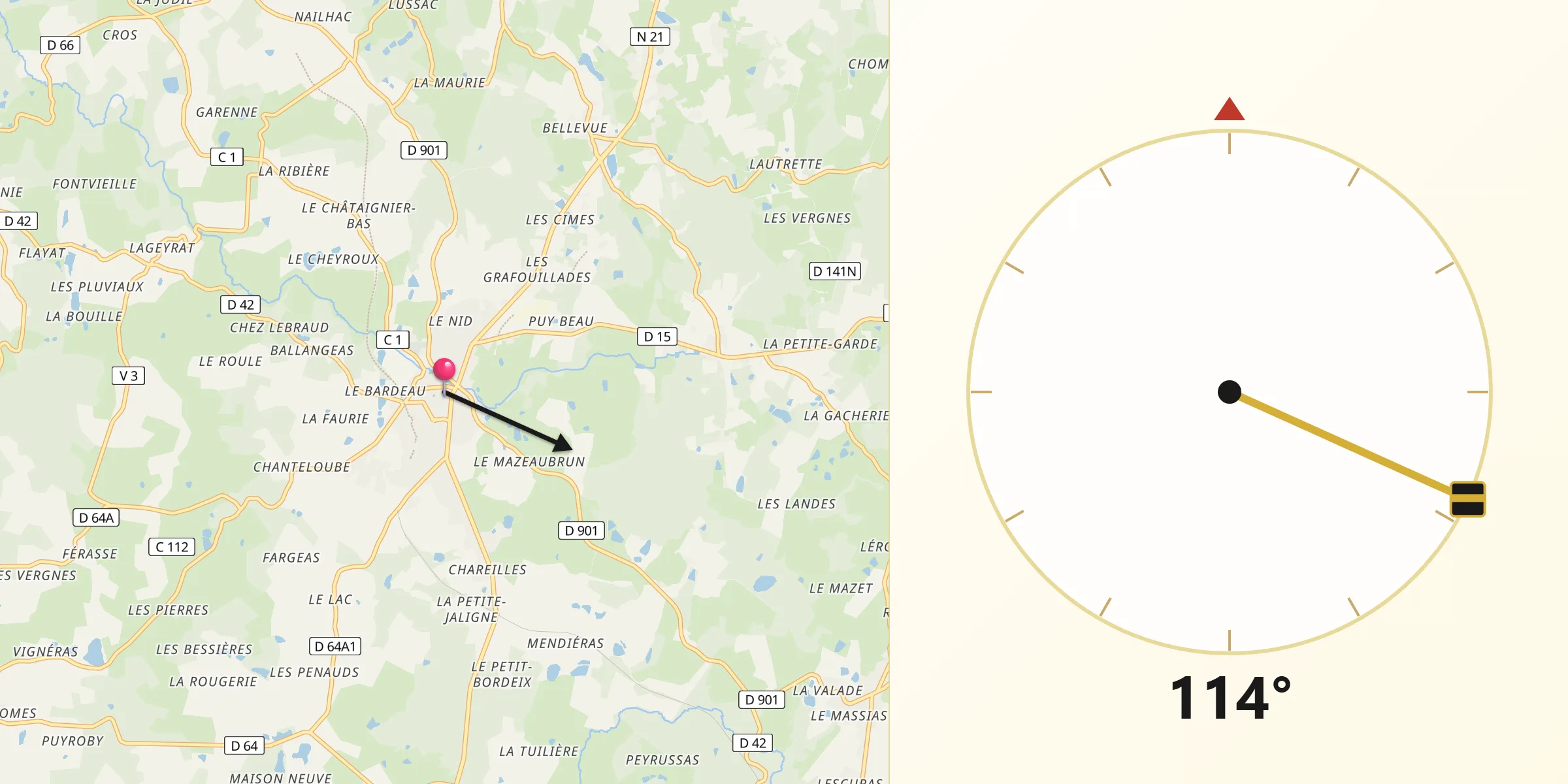 Direction vers la Qibla depuis Châlus