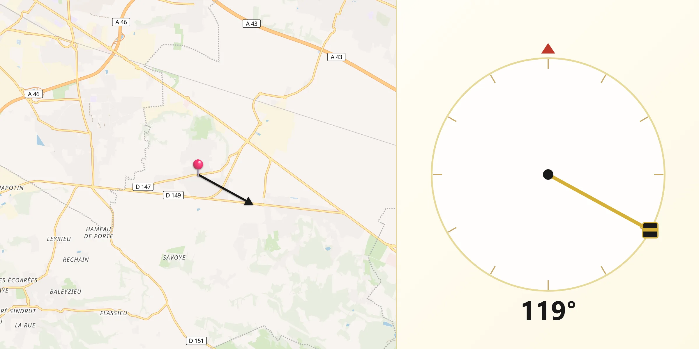 Direction vers la Qibla depuis Toussieu