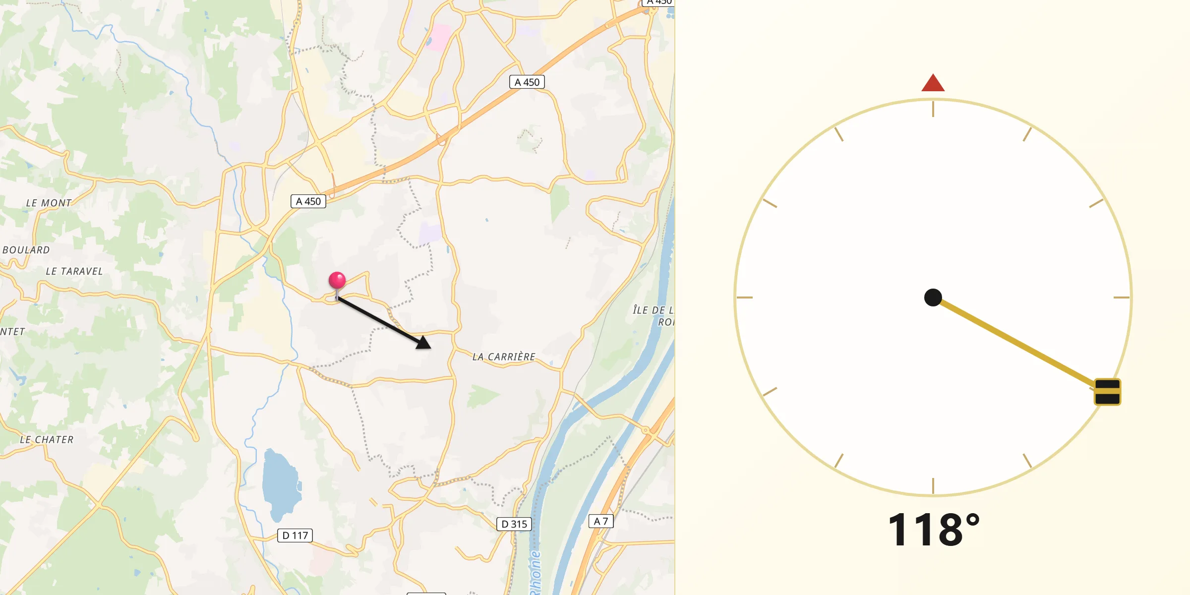 Direction vers la Qibla depuis Vourles