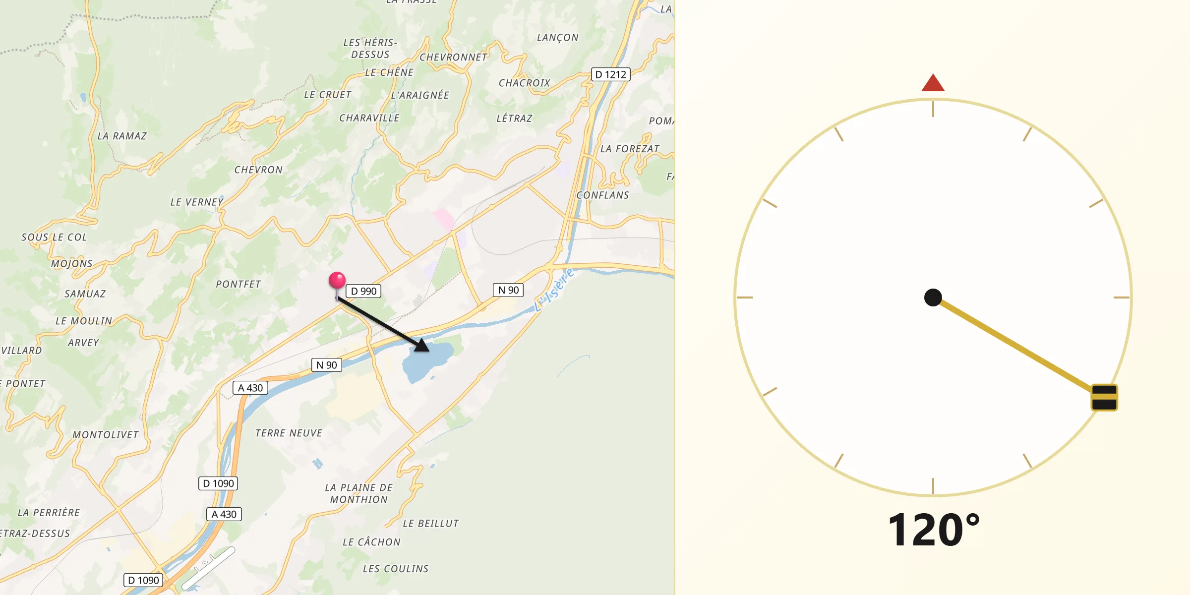 Direction vers la Qibla depuis Gilly-sur-Isère
