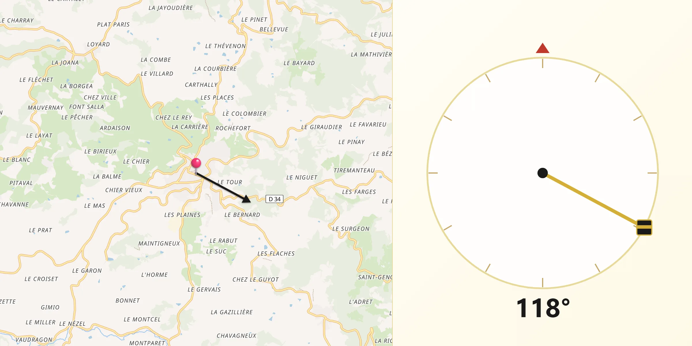 Direction vers la Qibla depuis Saint-Martin-en-Haut