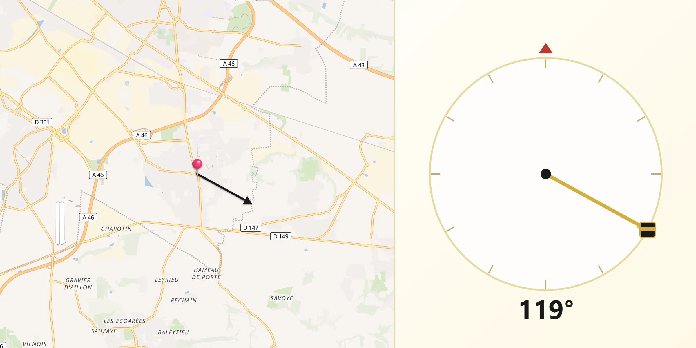 Direction vers la Qibla depuis Mions