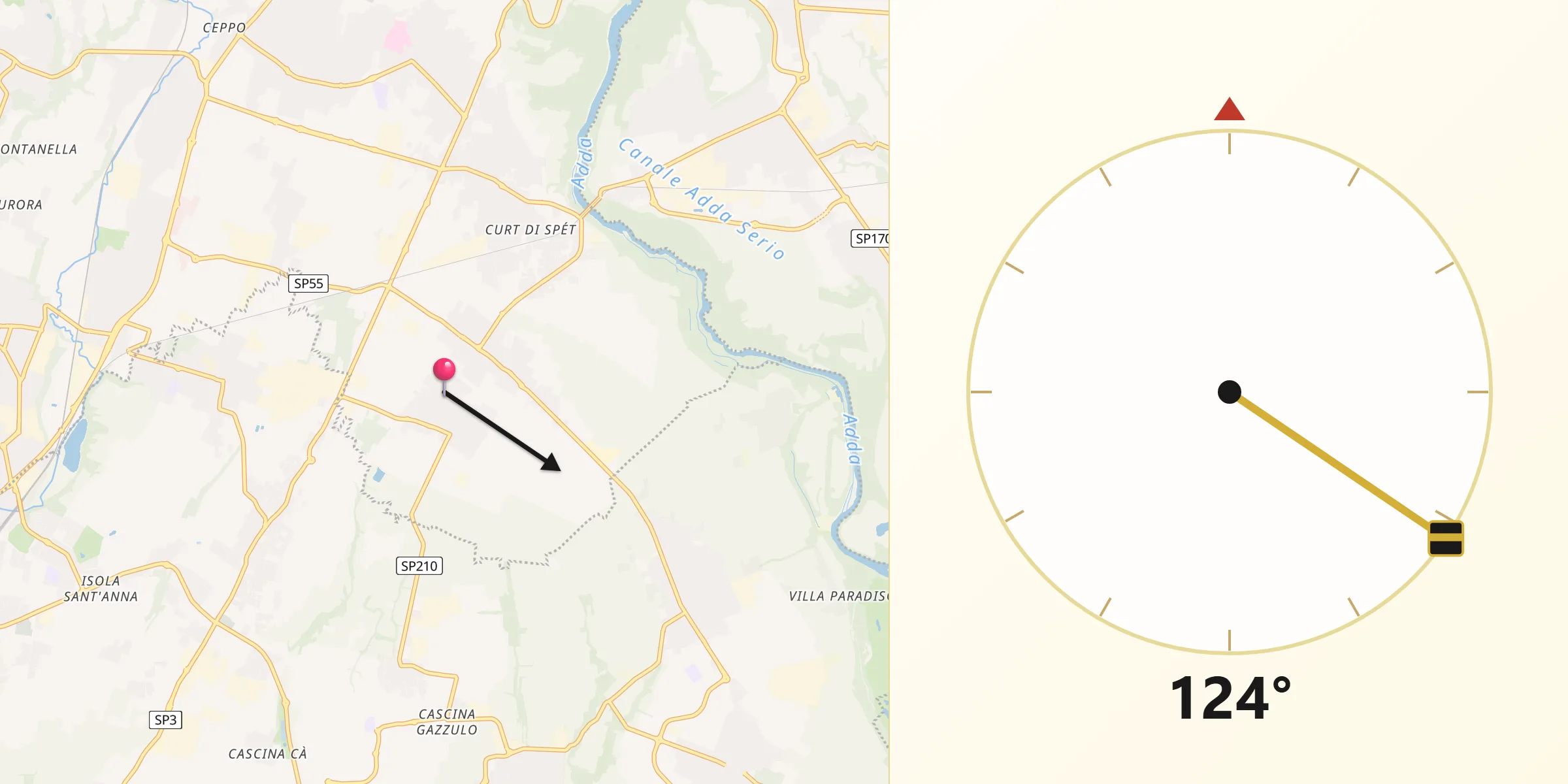 Direzione della Qibla da Verderio Inferiore