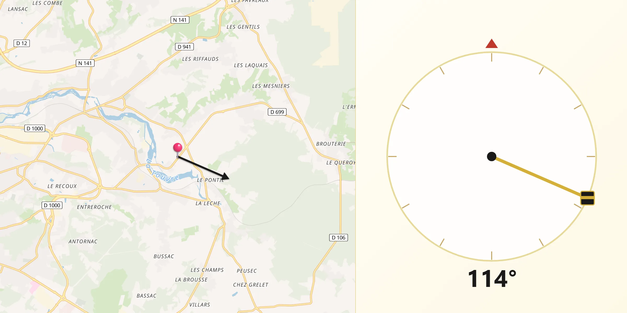 Direction vers la Qibla depuis Touvre