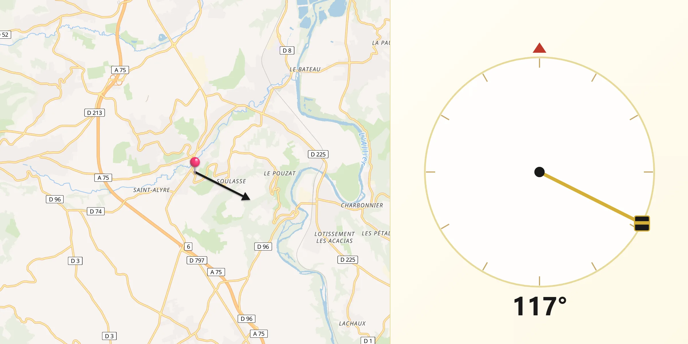 Direction vers la Qibla depuis Veyre-Monton