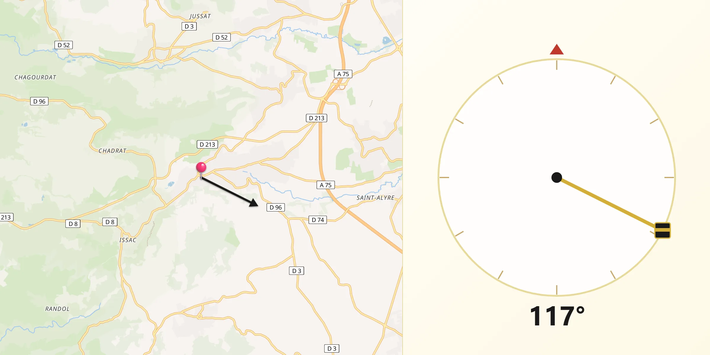 Direction vers la Qibla depuis Saint-Amant-Tallende