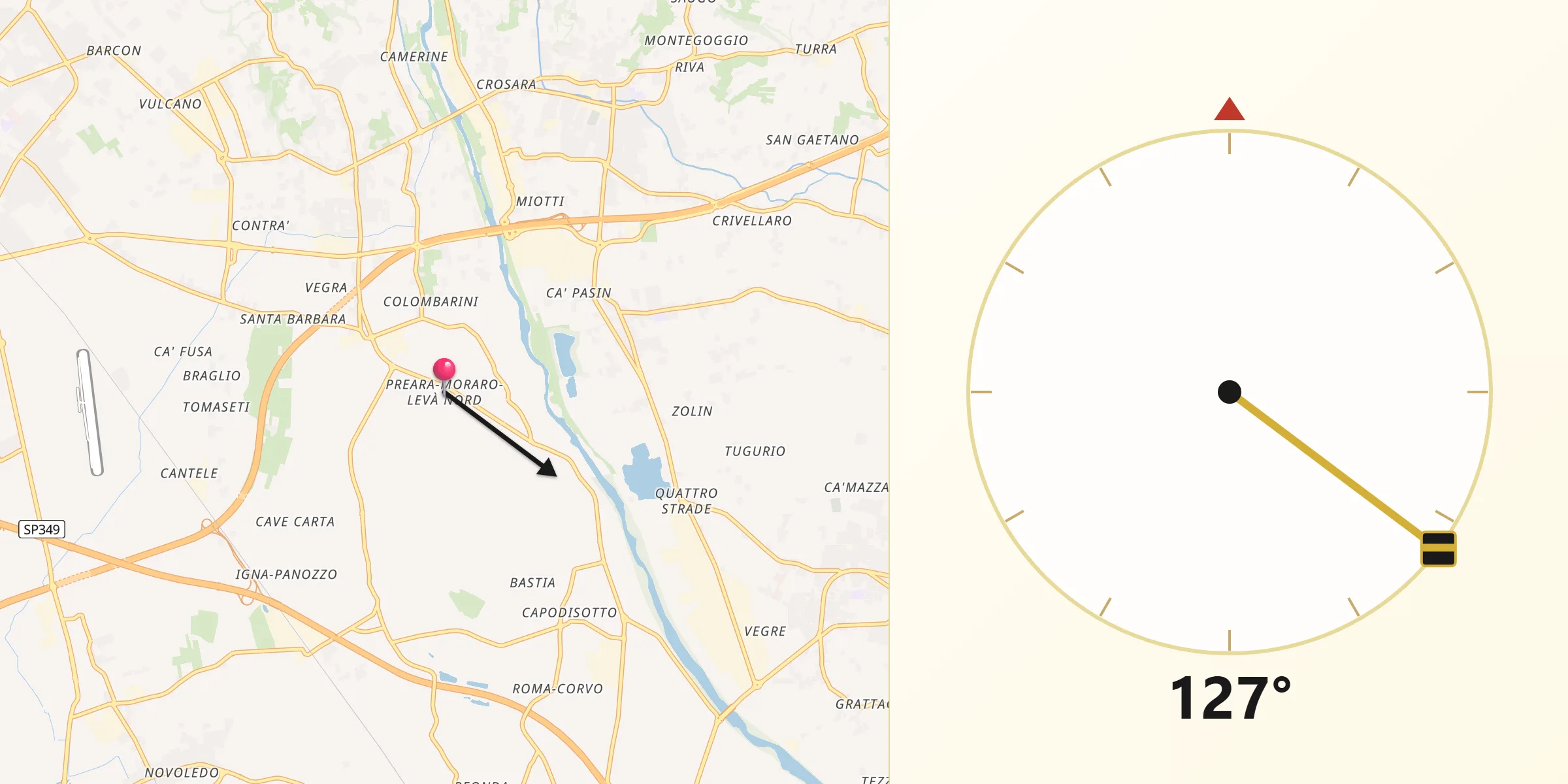 Direzione della Qibla da Preara-Moraro-Levà Nord