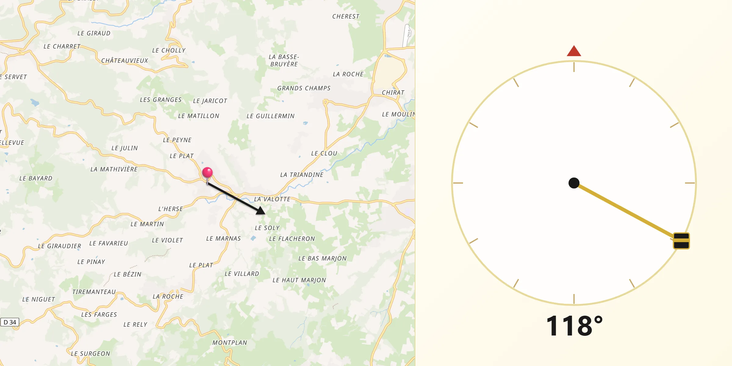 Direction vers la Qibla depuis Thurins