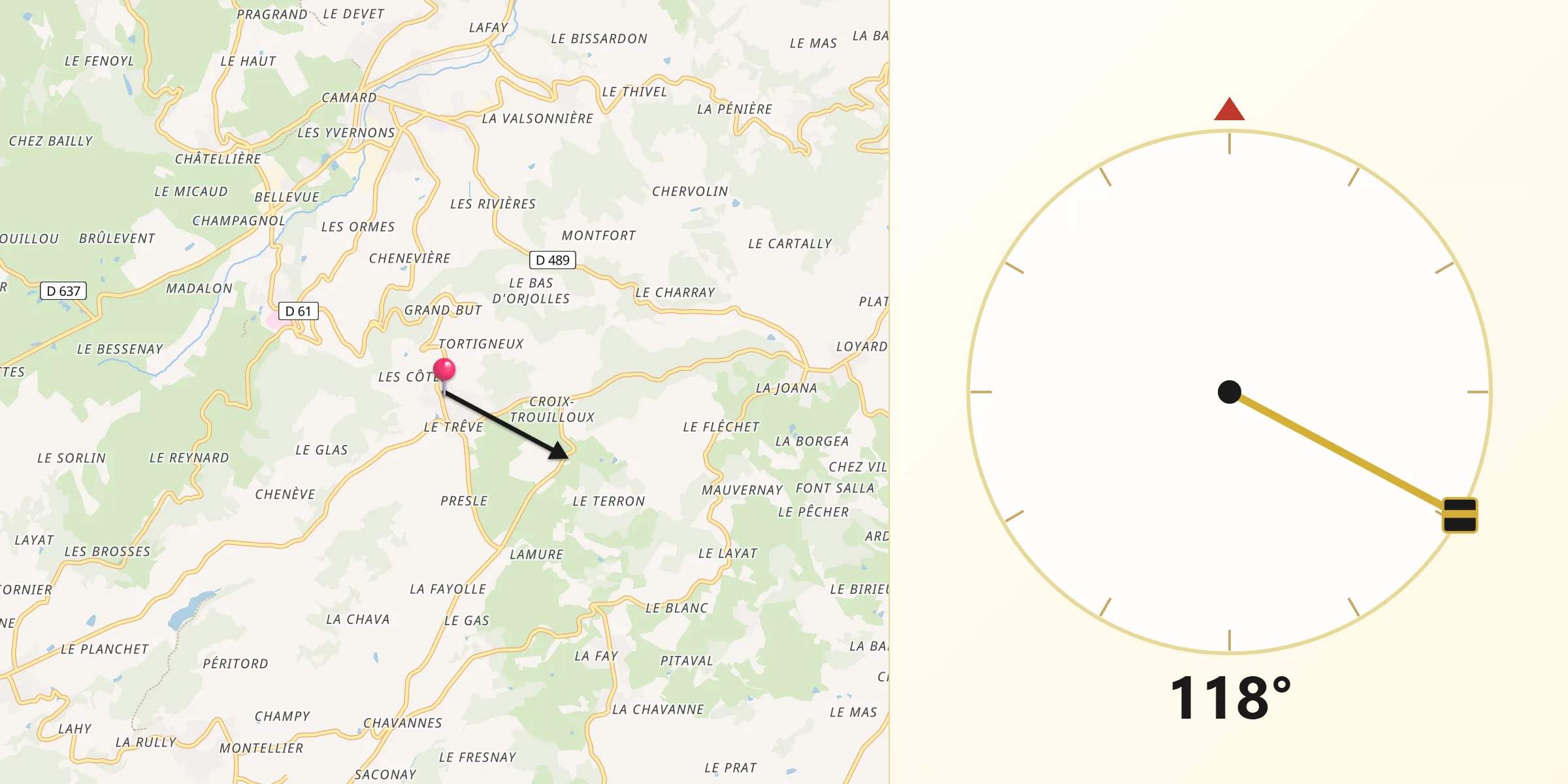 Direction vers la Qibla depuis Aveize