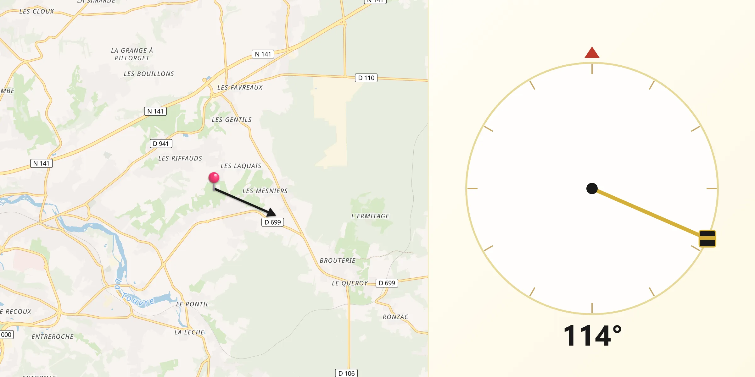 Direction vers la Qibla depuis Mornac