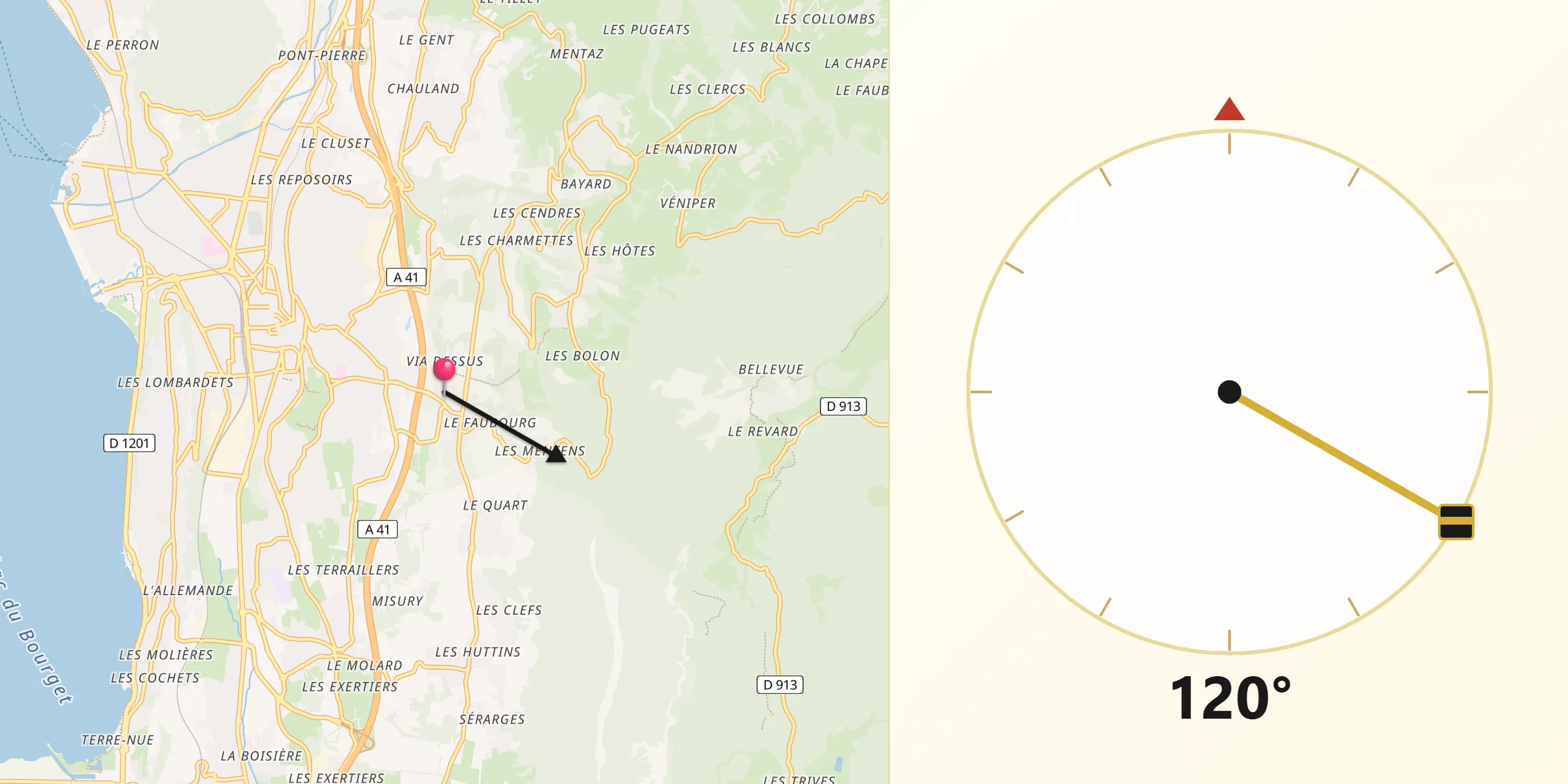 Direction vers la Qibla depuis Mouxy