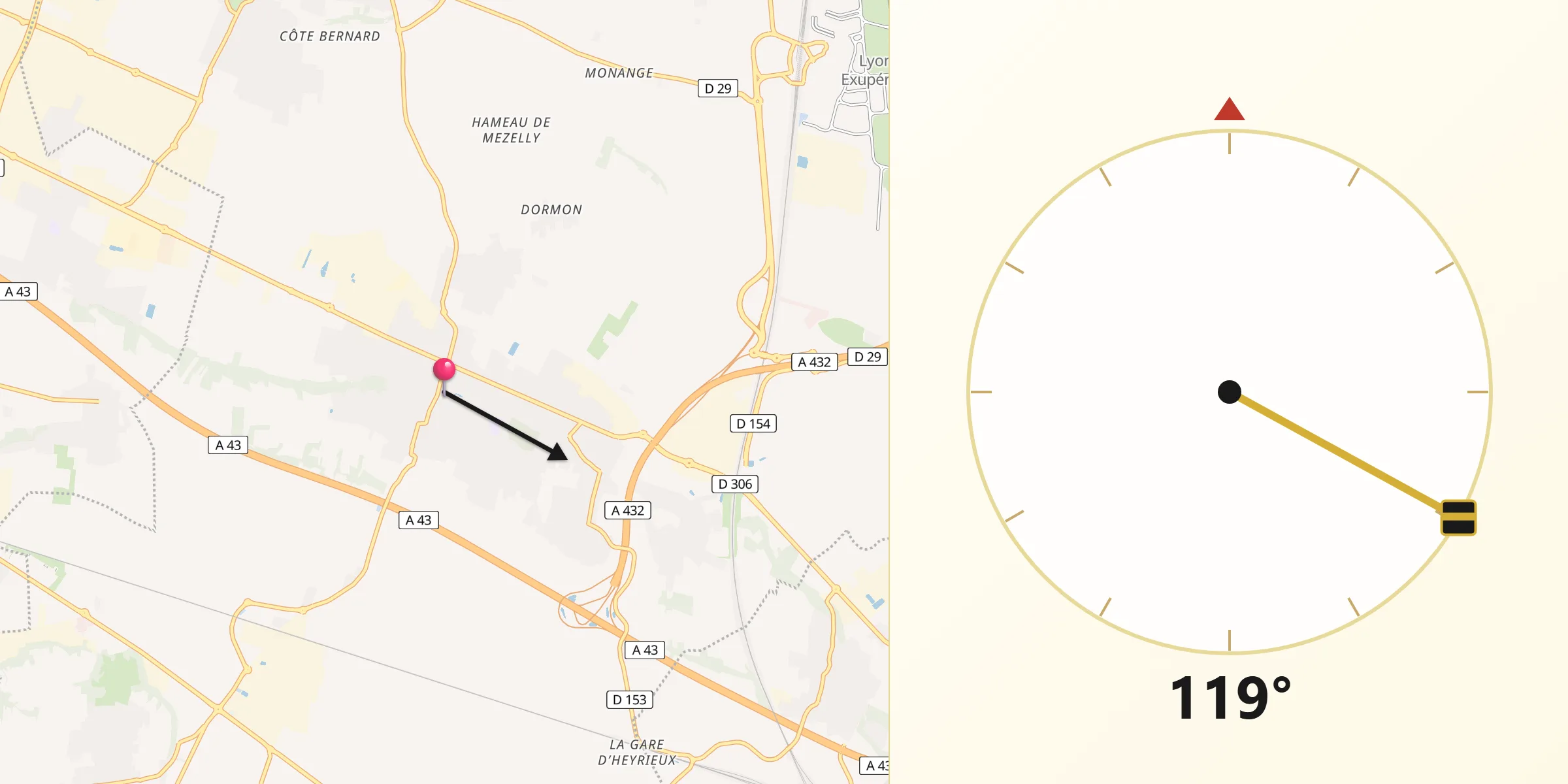 Direction vers la Qibla depuis Saint-Bonnet-de-Mure