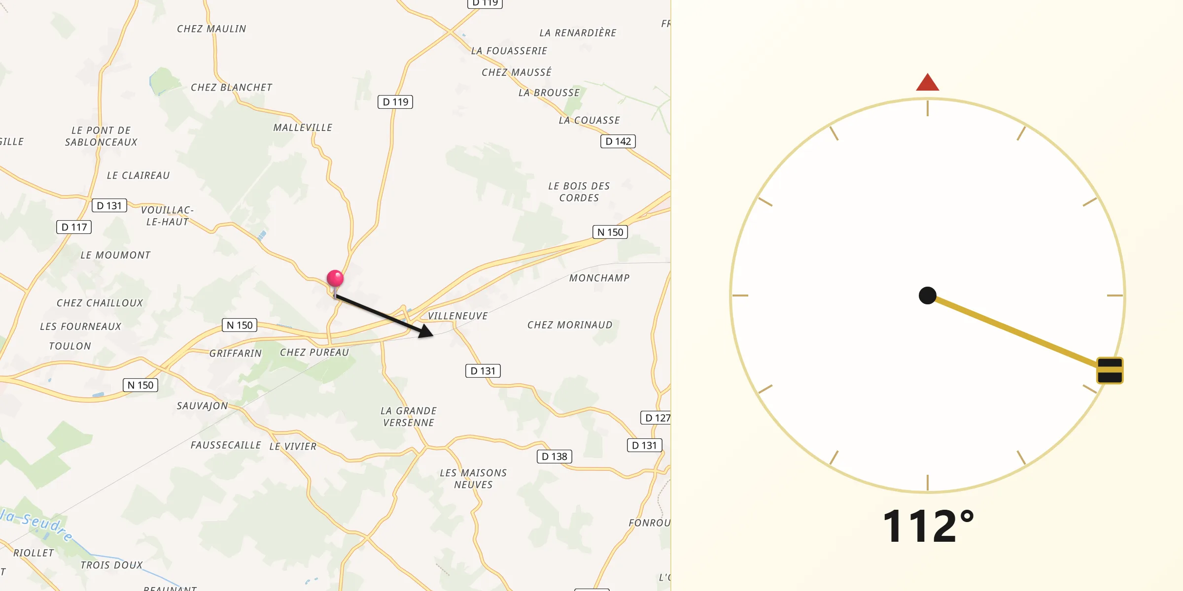 Direction vers la Qibla depuis Saint-Romain-de-Benet