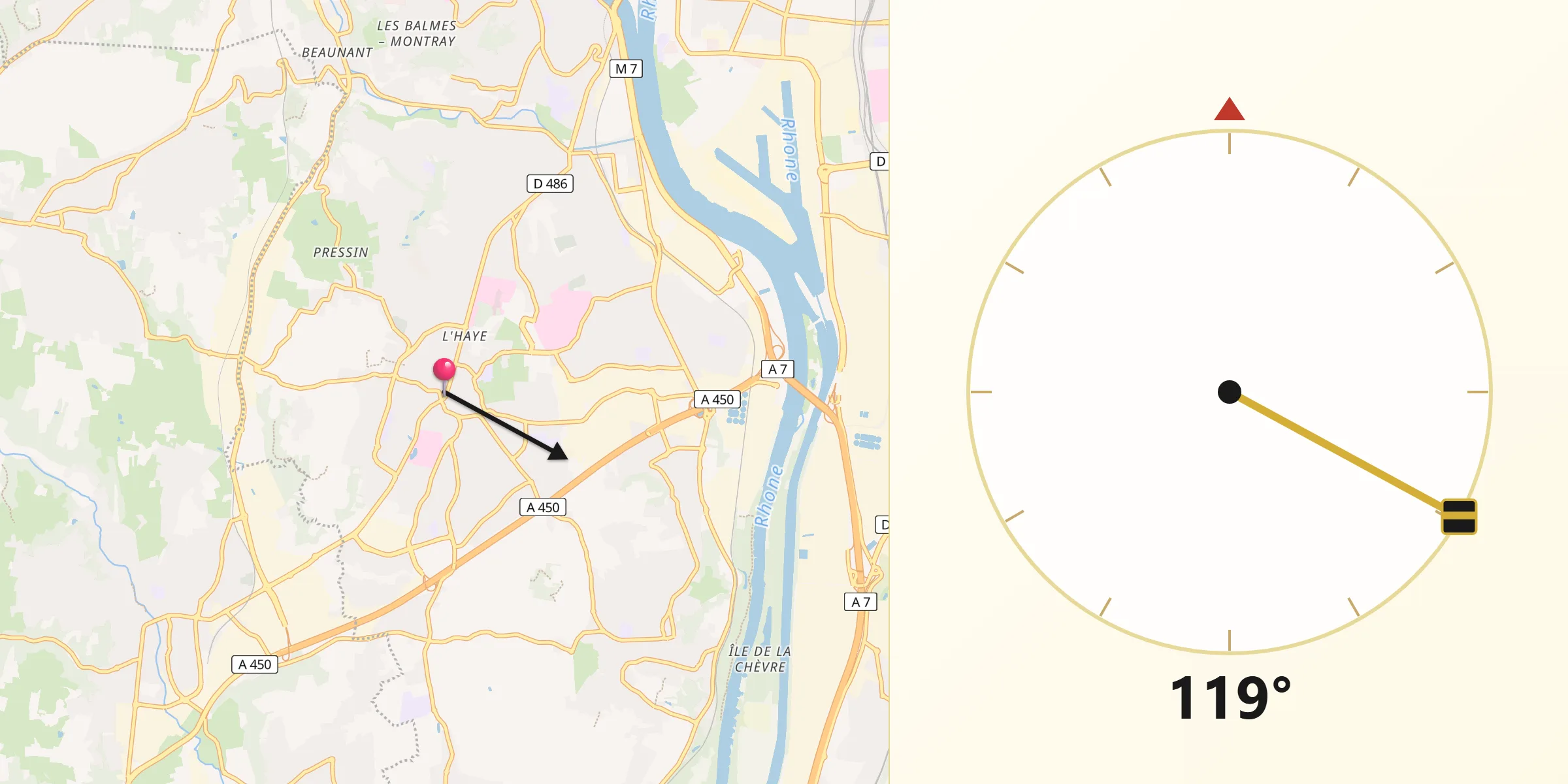 Direction vers la Qibla depuis Saint-Genis-Laval