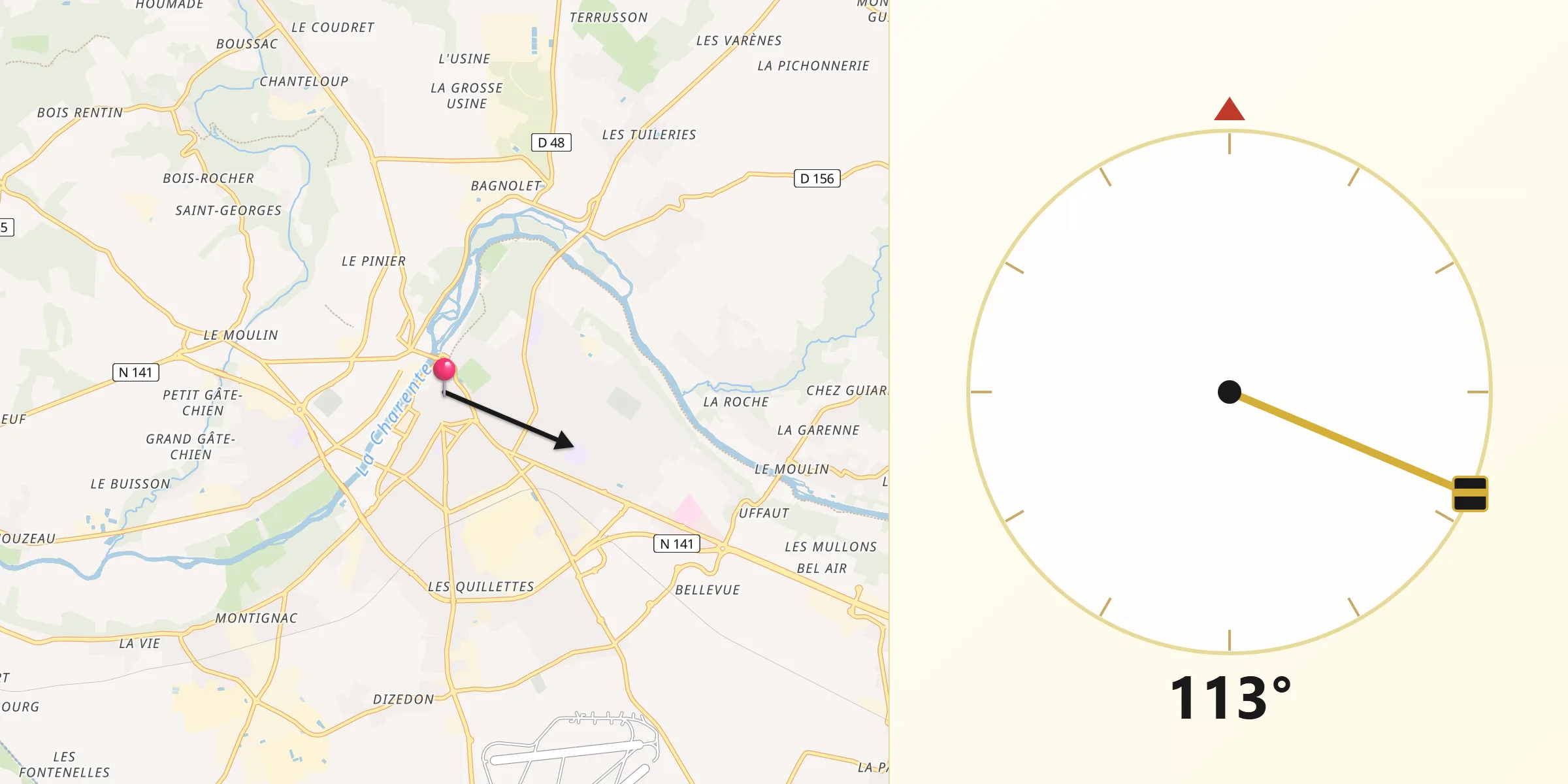 Direction vers la Qibla depuis Cognac