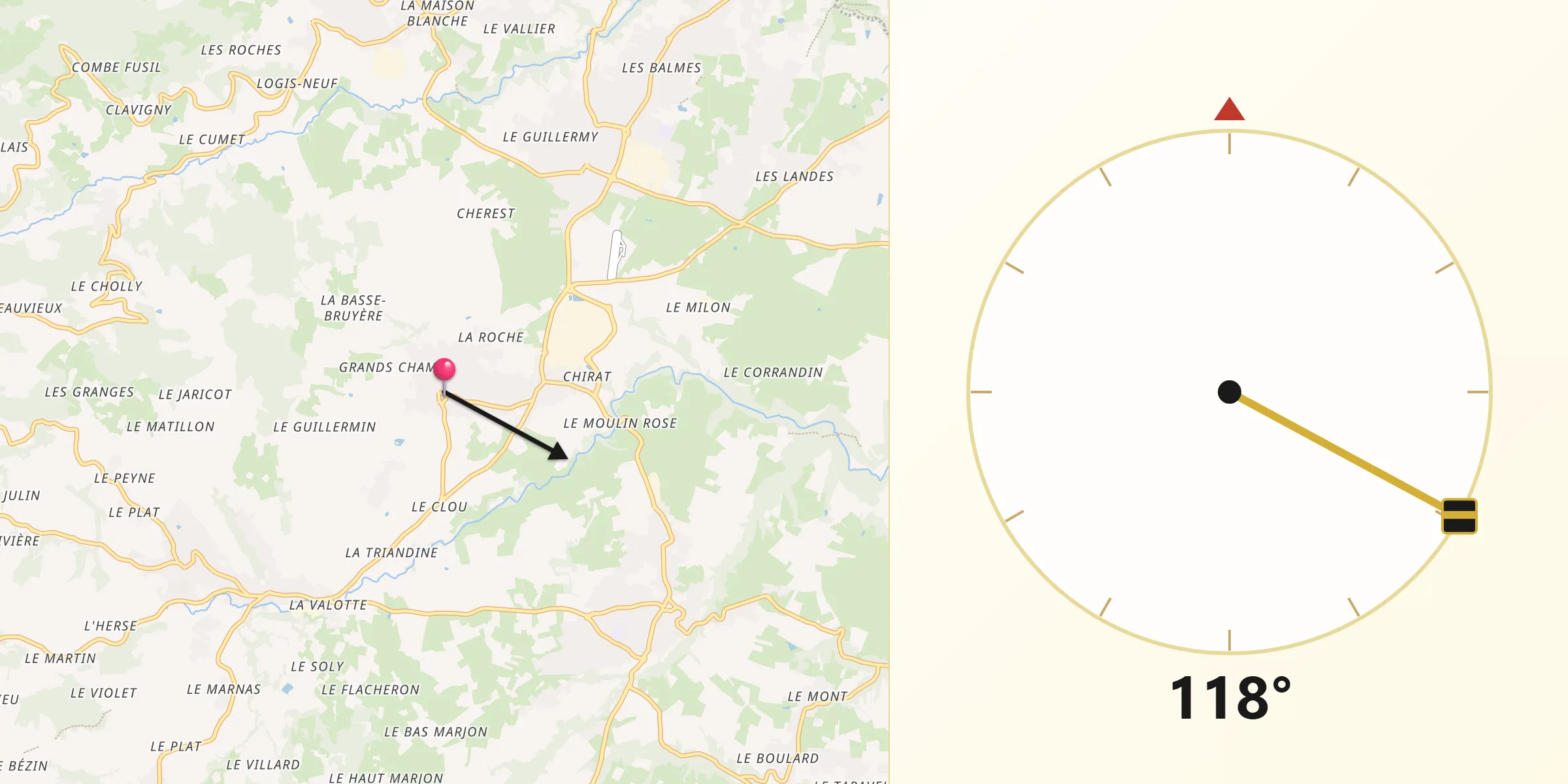 Direction vers la Qibla depuis Messimy
